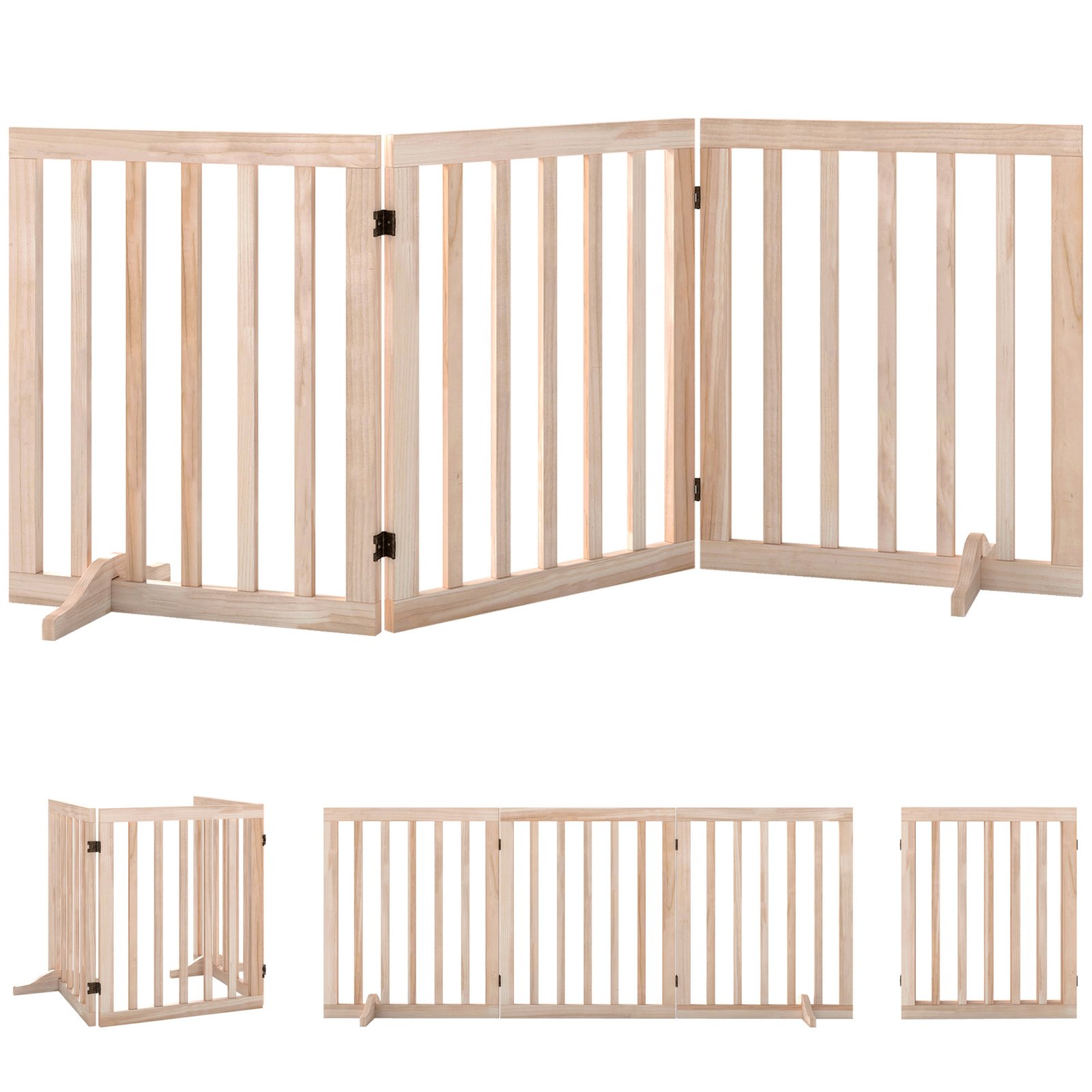 Wooden Dog Gate, 3-Panel Freestanding Pet Gates Indoor with 2 Support Feet and 360° Flexible Hinges, Natural