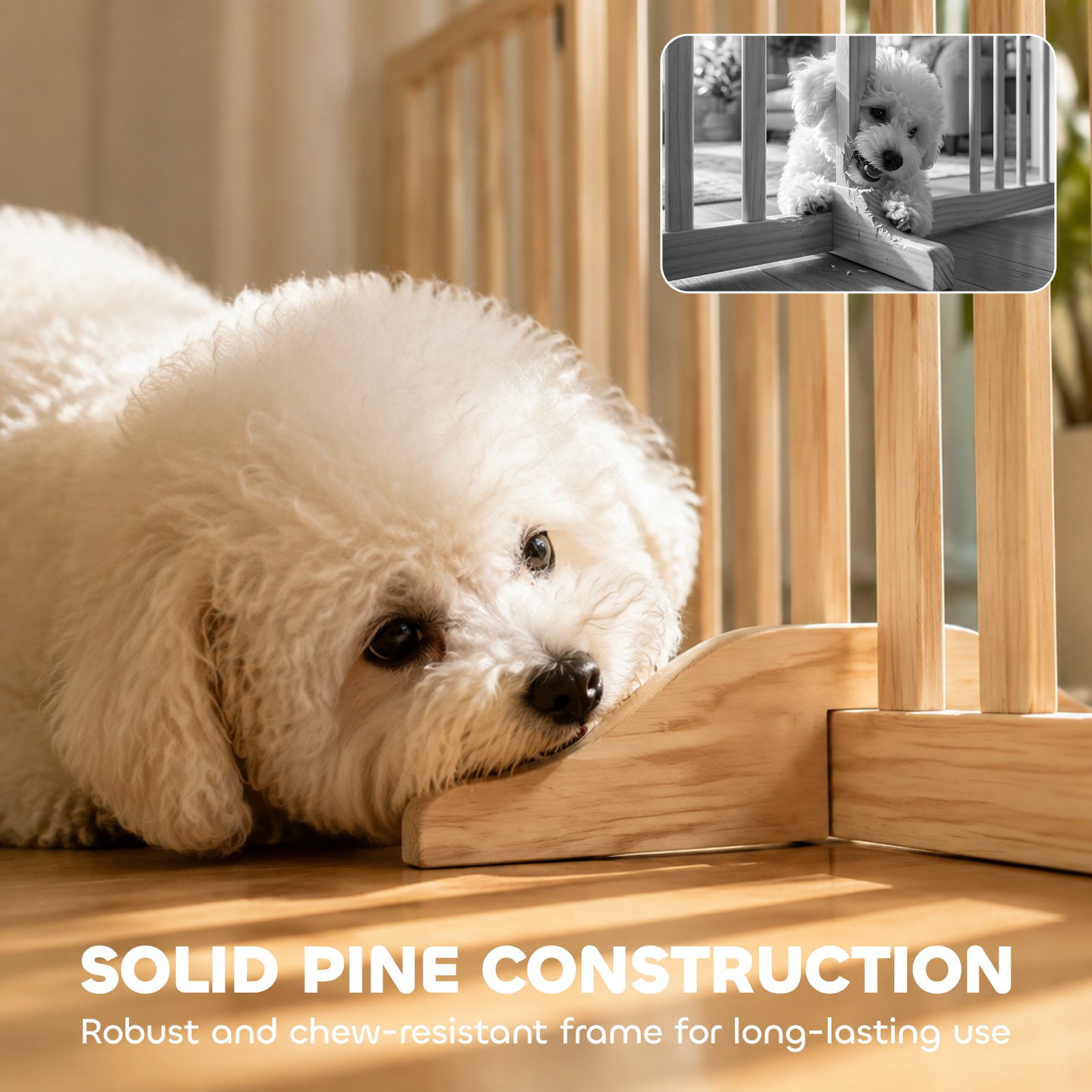 Wooden Dog Gate, 3-Panel Freestanding Pet Gates Indoor with 2 Support Feet and 360° Flexible Hinges, Natural