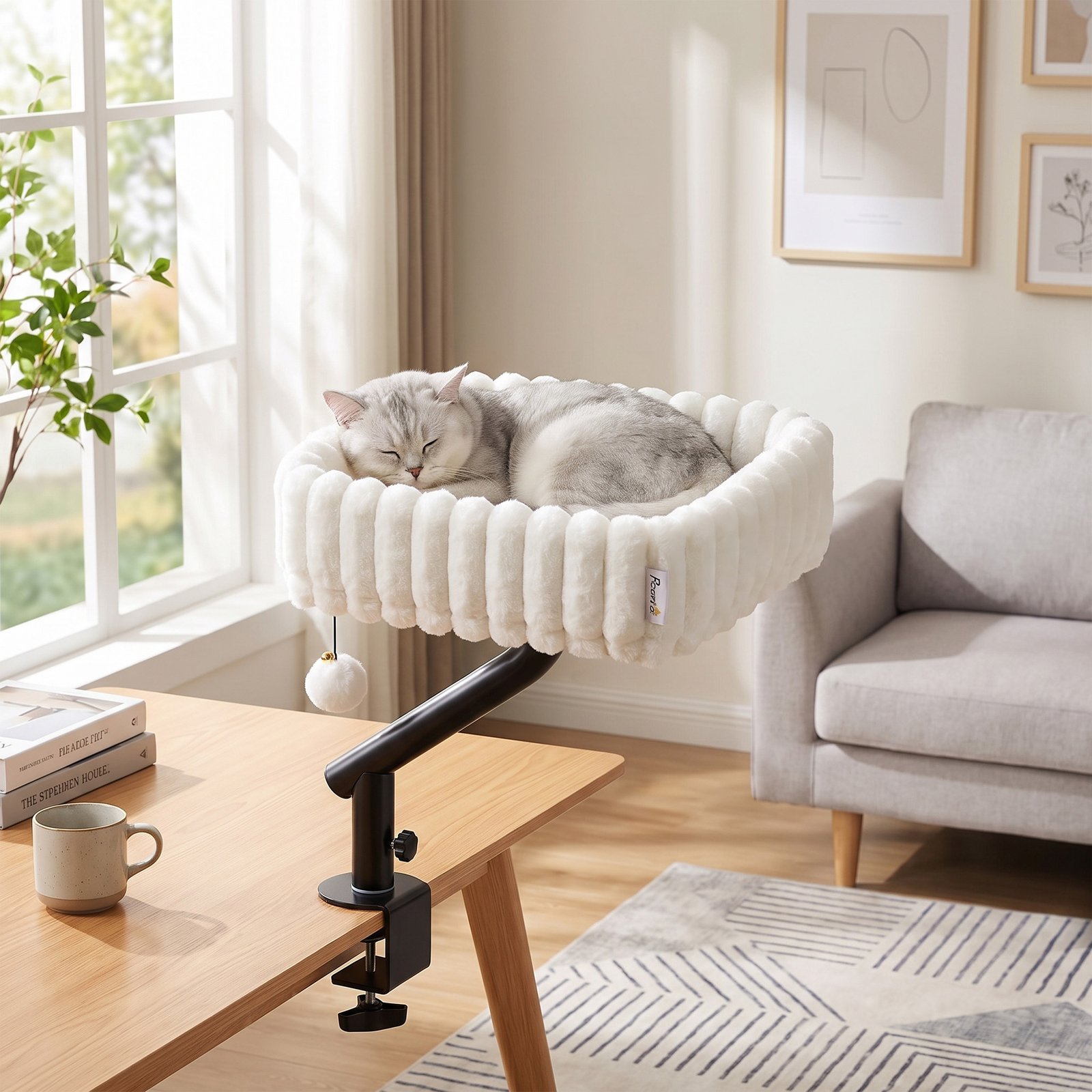 Cat Desk Bed, Rotatable Raised Cat House for Desk, Window, Soft Kitten Hammock with Hanging Ball, White