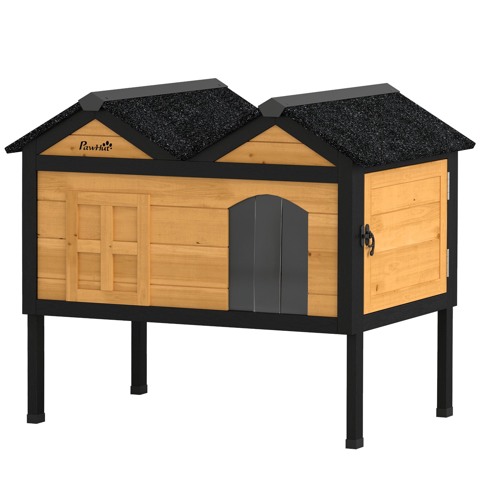 Wooden Cat House Outdoor Indoor with Weatherproof Asphalt Roof, Side Cleaning Door, PVC Curtain