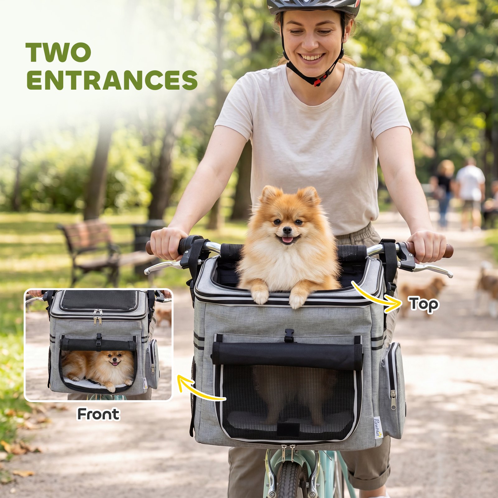 Dog Bike Basket, Soft-Sided Pet Carrier with Security Leash, Mesh Door & Window, Plush Cushion, Bowl, Light Grey