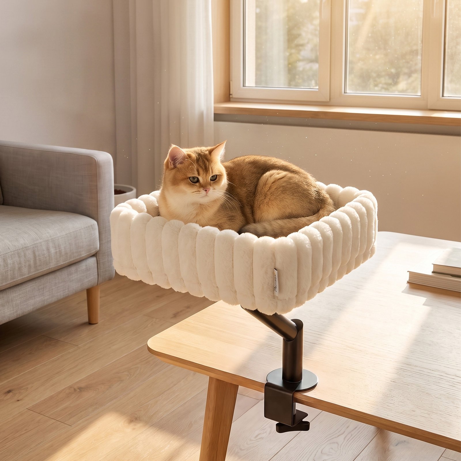Cat Desk Bed, Rotatable Raised Cat House for Desk, Window, Soft Kitten Hammock with Hanging Ball, White