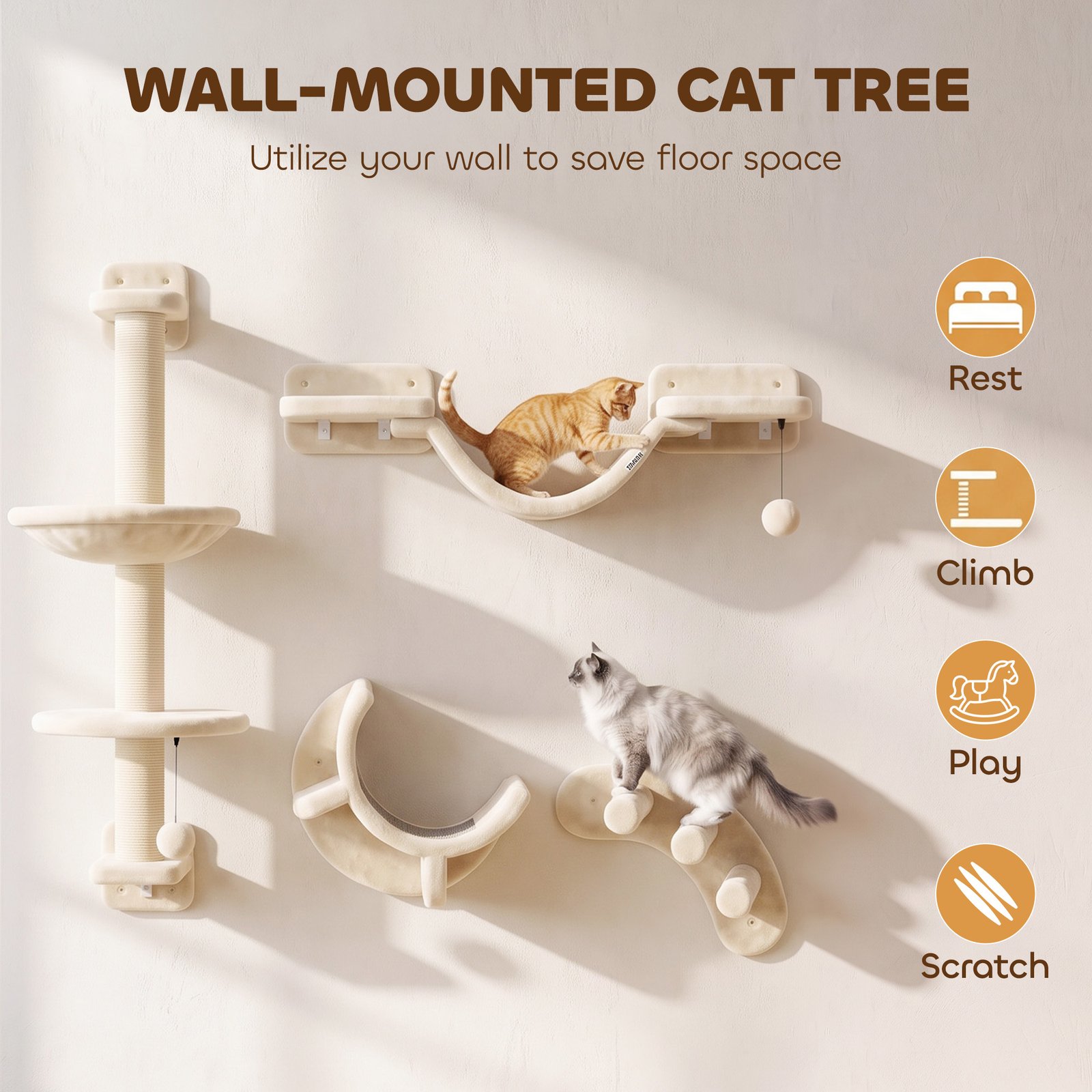 Four-Piece Cat Wall Furniture, with Hammock, Ladder, Platforms, Steps, for Indoor Use - Beige
