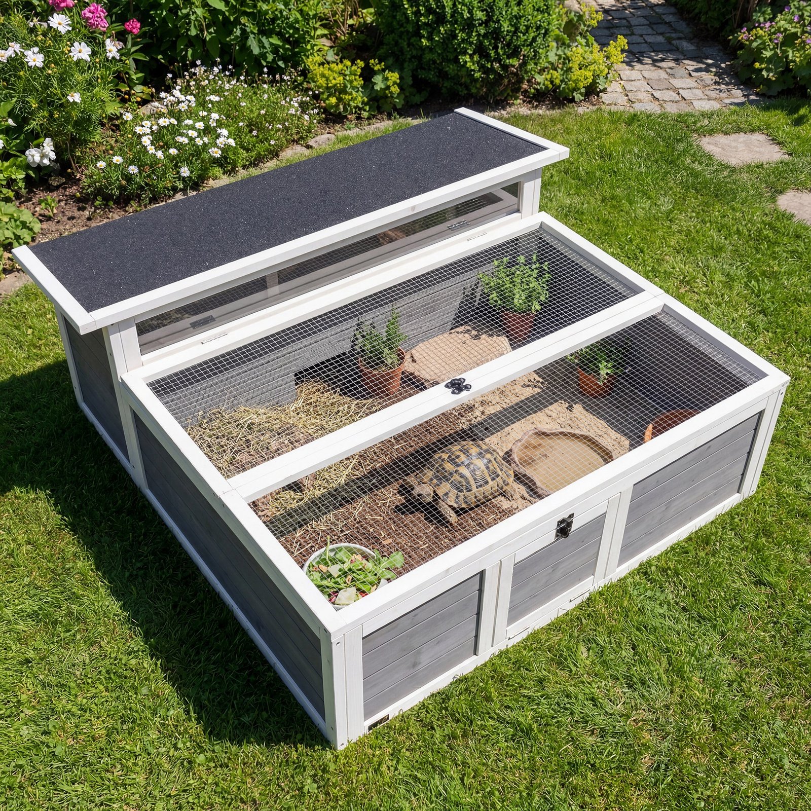 Wooden Tortoise House, Tortoise Enclosure with Clear Observation Window, Top Opening, Multiple Doors, Galvanised Mesh