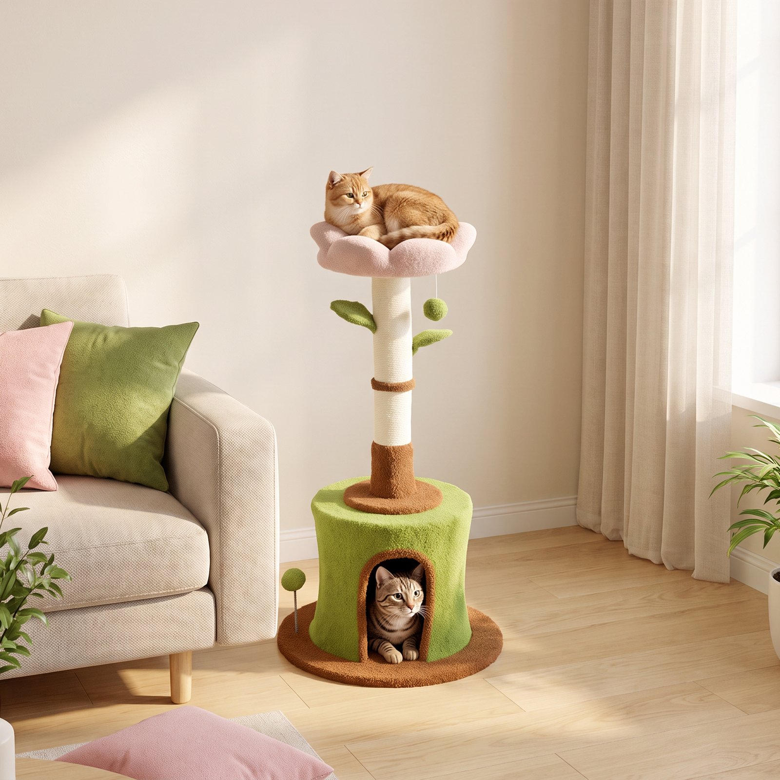 Cat Tree for Indoor Kittens, 88cm Flower Cat Tower with Condo & Bed, Scratching Post, 2 Toy Balls and 2 Crinkle Leaves