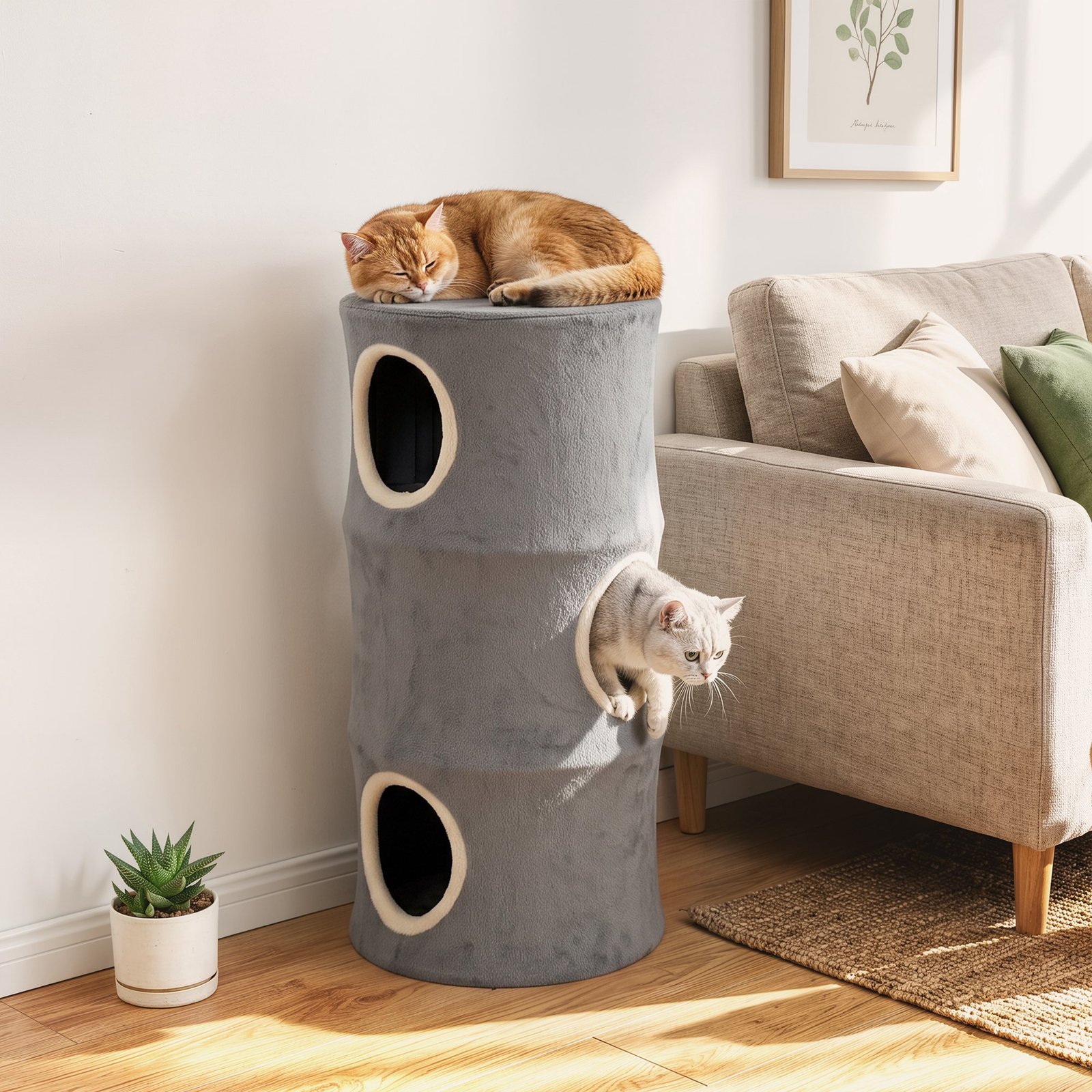Cat House for Indoor Kittens, Cat Condo with Removable Washable Cover, Modern Barrel-Shaped Kitty Cave Bed