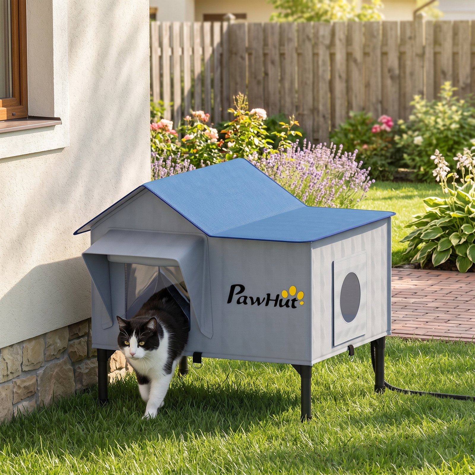 Heated Cat House Weatherproof w/ Heating Pad, Elevated Base, Escape Door, Cat Winter Shelter for Stray, Barn Cats
