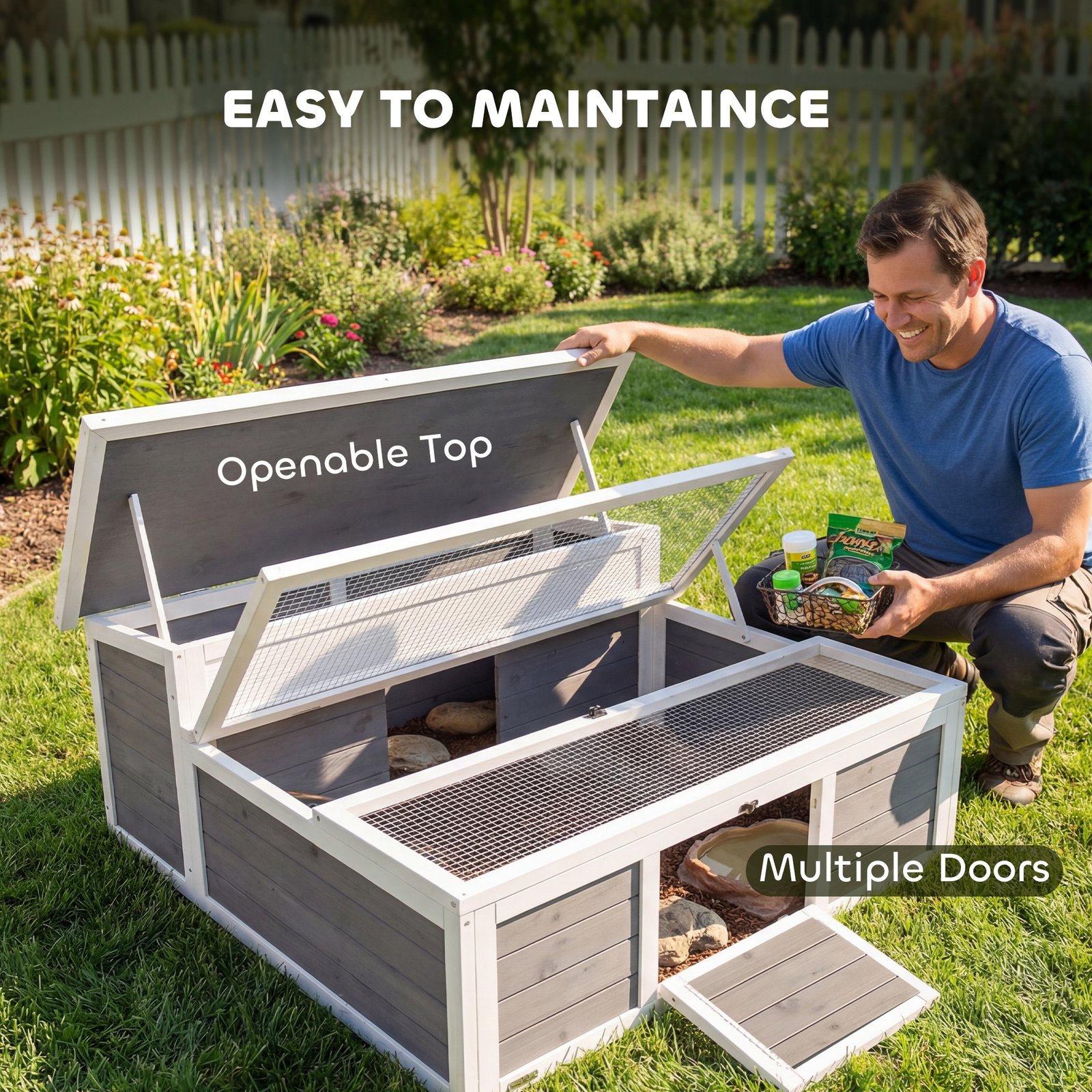 Wooden Tortoise House, Tortoise Enclosure with Clear Observation Window, Top Opening, Multiple Doors, Galvanised Mesh
