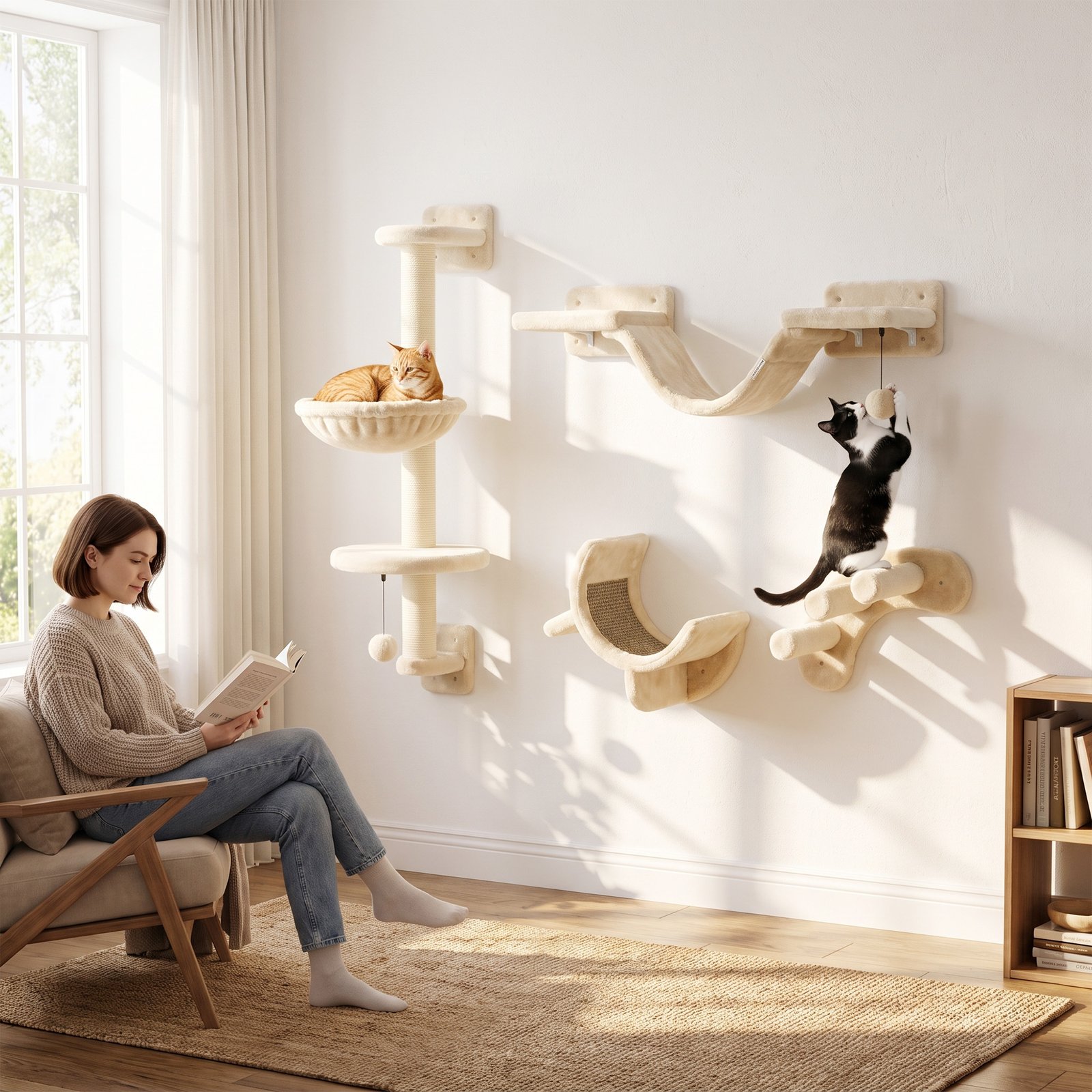 Four-Piece Cat Wall Furniture, with Hammock, Ladder, Platforms, Steps, for Indoor Use - Beige