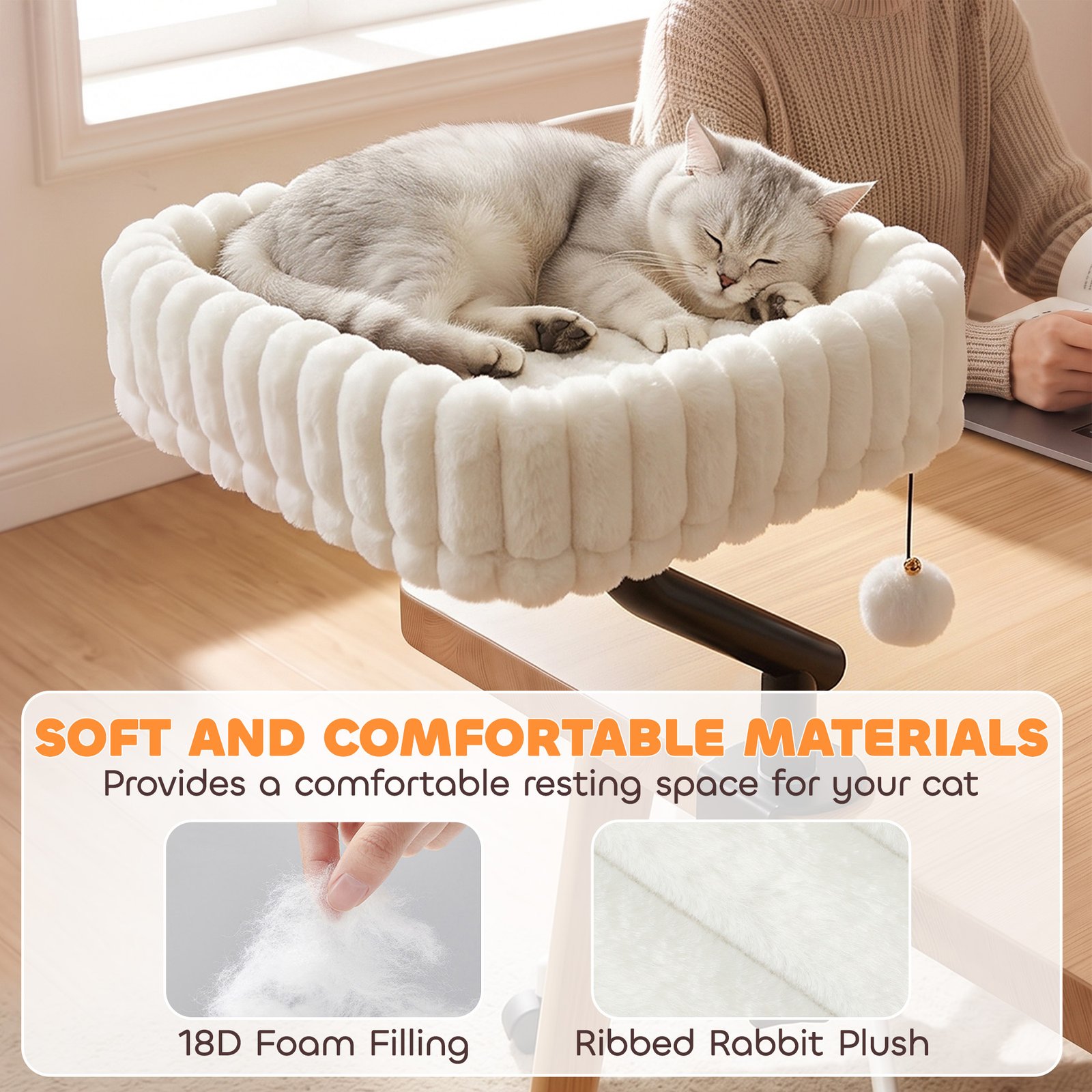 Cat Desk Bed, Rotatable Raised Cat House for Desk, Window, Soft Kitten Hammock with Hanging Ball, White