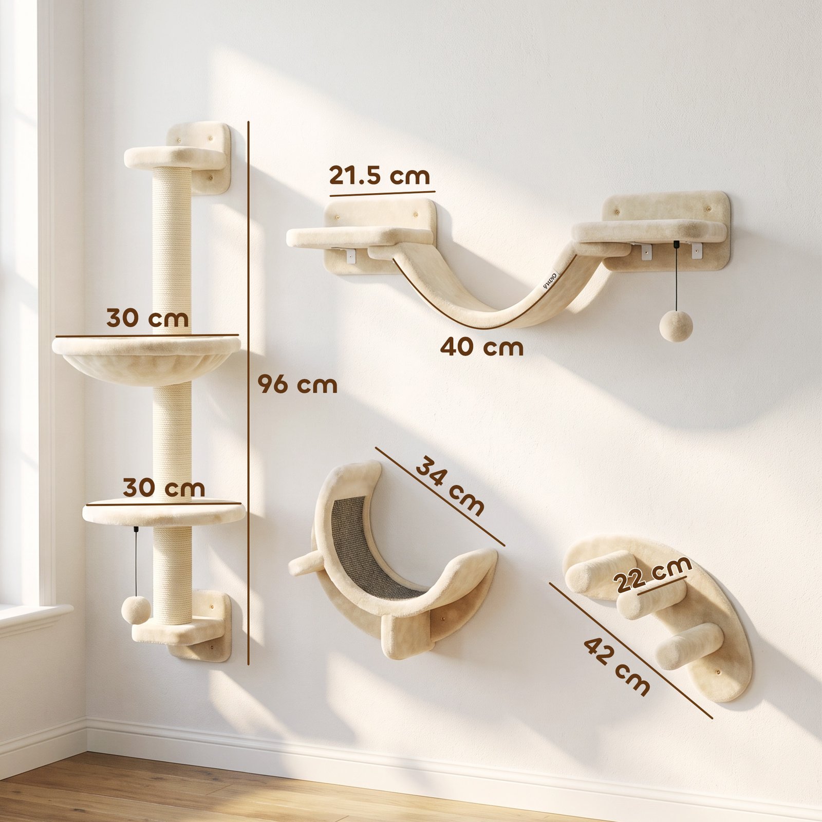Four-Piece Cat Wall Furniture, with Hammock, Ladder, Platforms, Steps, for Indoor Use - Beige