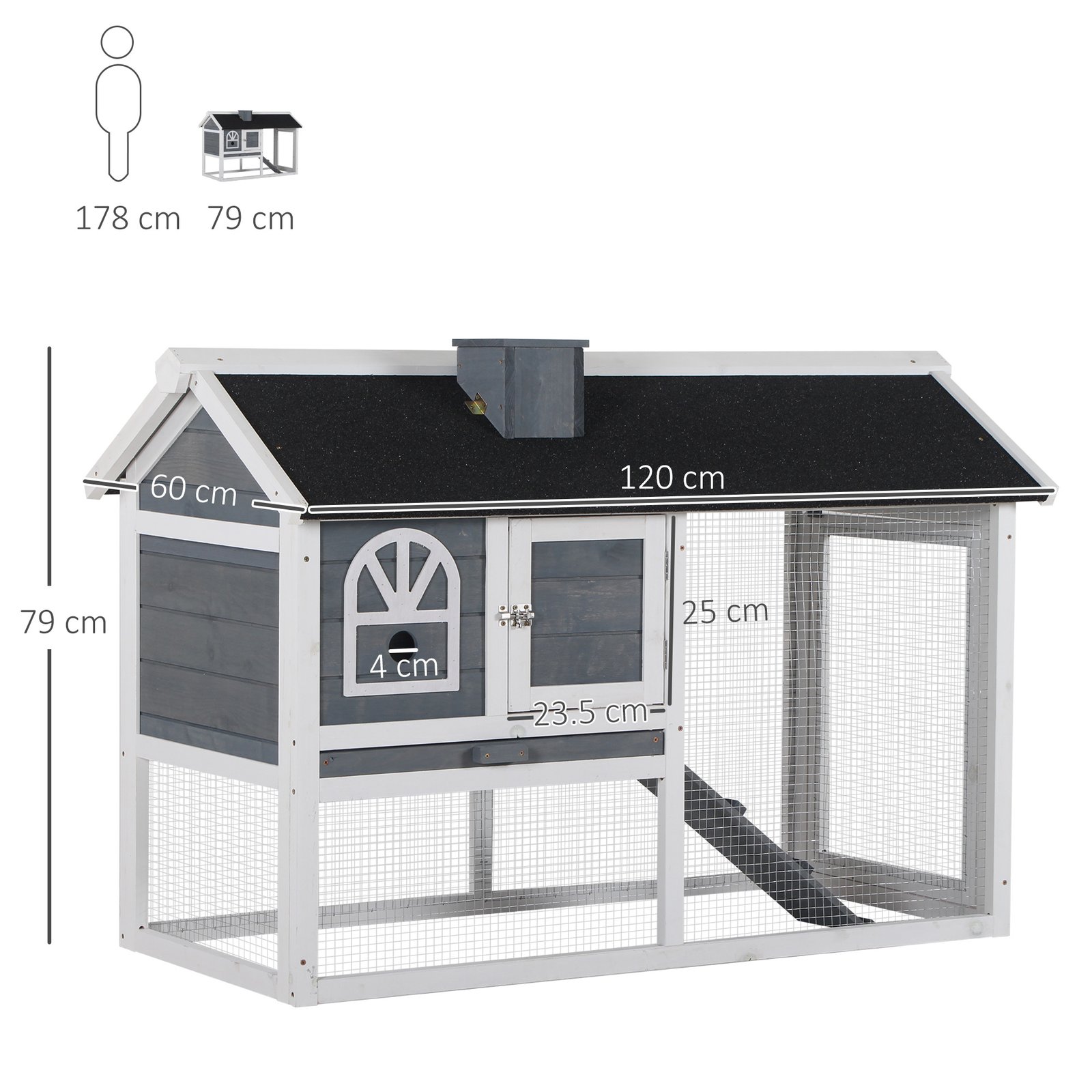 Wooden Rabbit Hutch and Run with Sliding Tray, Ramp, Water-resistant Roof, for 2-4 Rabbits, Grey