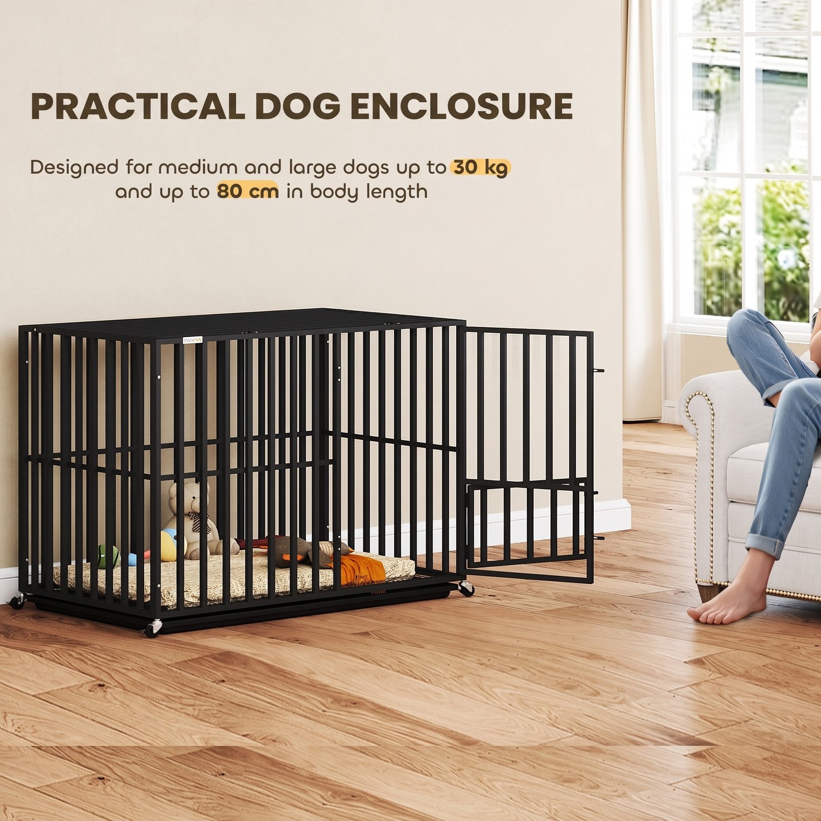 Heavy Duty Dog Crate, Dog Cage with Wheels for Medium Large Breeds, Metal Pet Kennel with Removable Tray