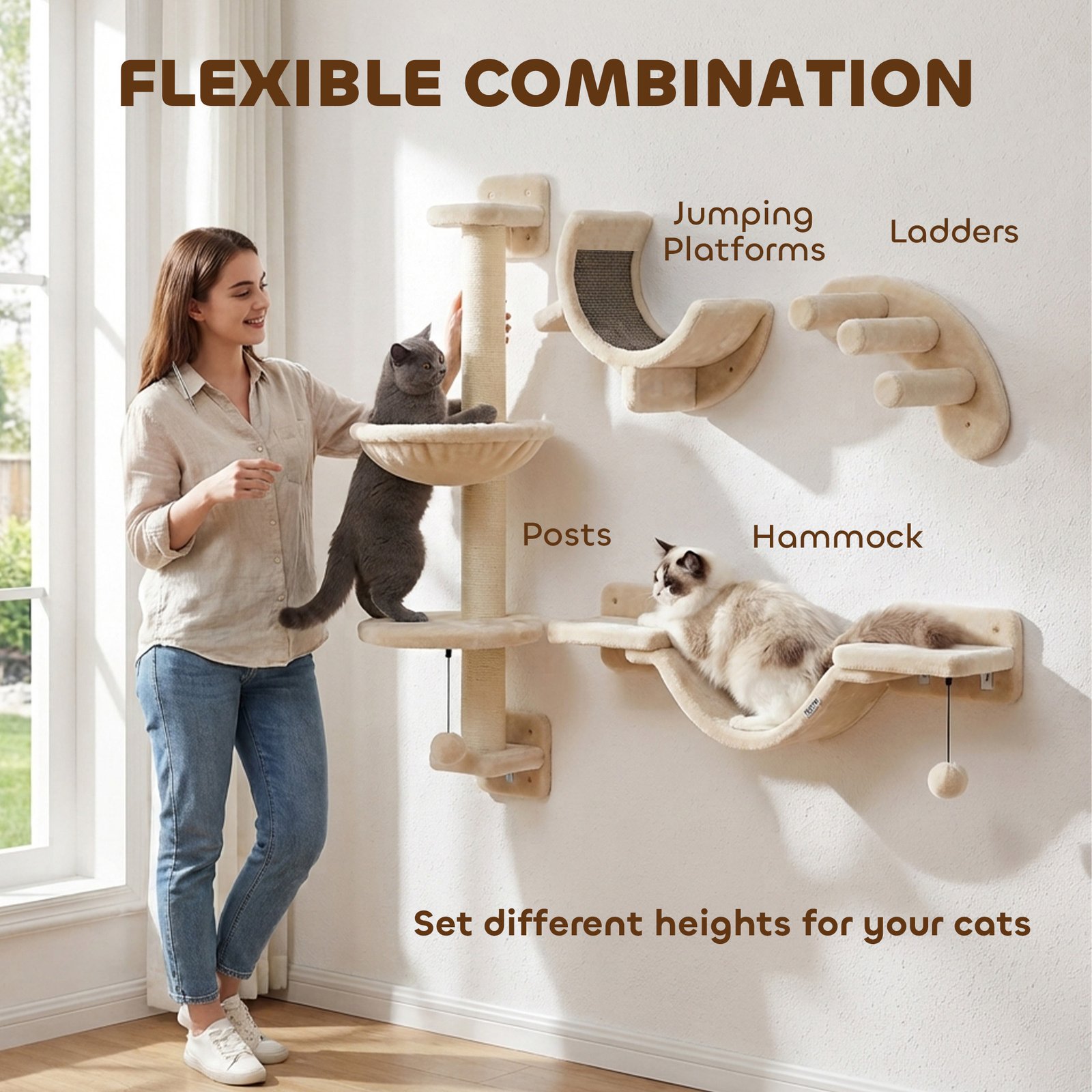 Four-Piece Cat Wall Furniture, with Hammock, Ladder, Platforms, Steps, for Indoor Use - Beige