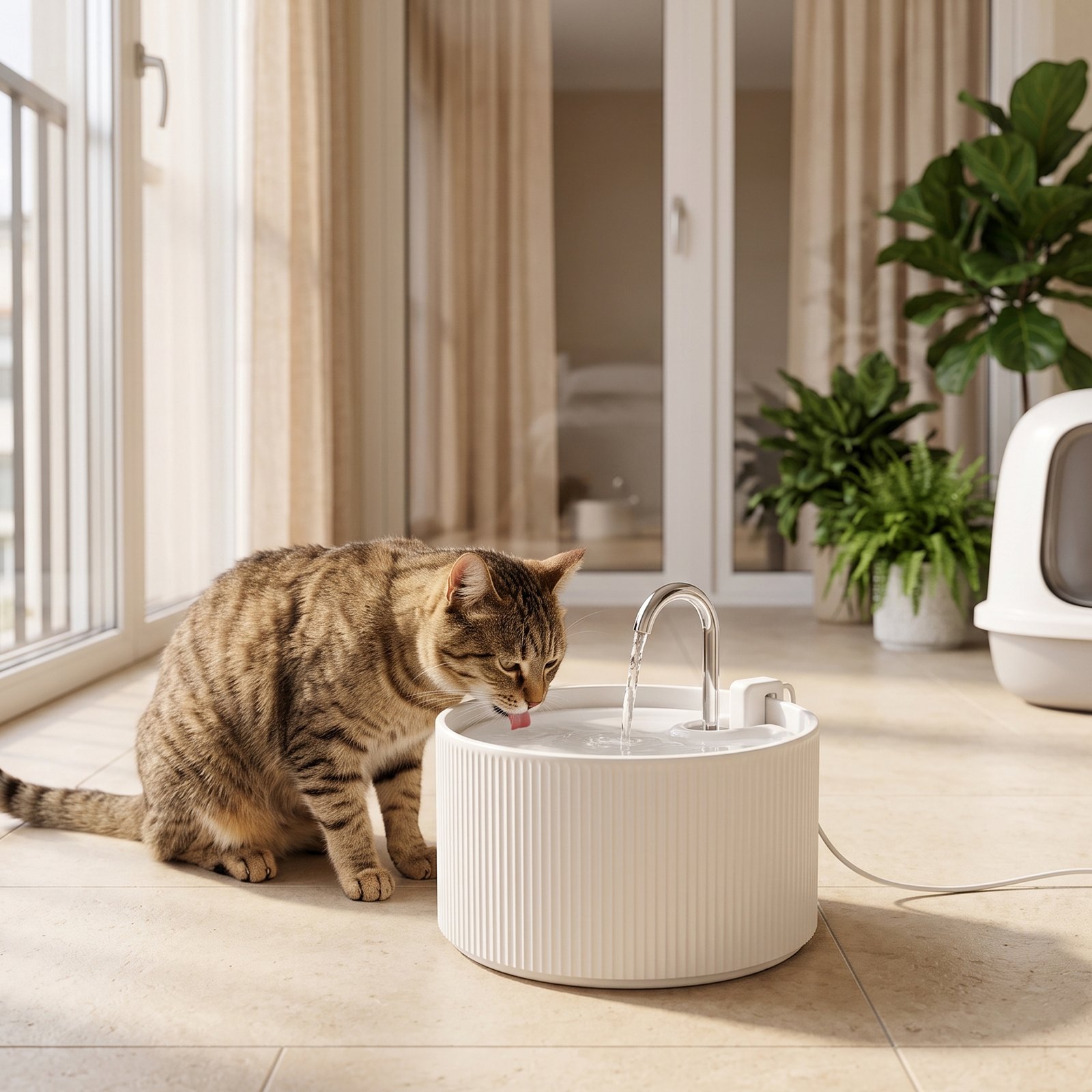 Ceramic Cat Water Fountain for Drinking, 2.2L Pet Water Fountain with Ultra-Quiet Pump, 4-Layer Filtration, Tap