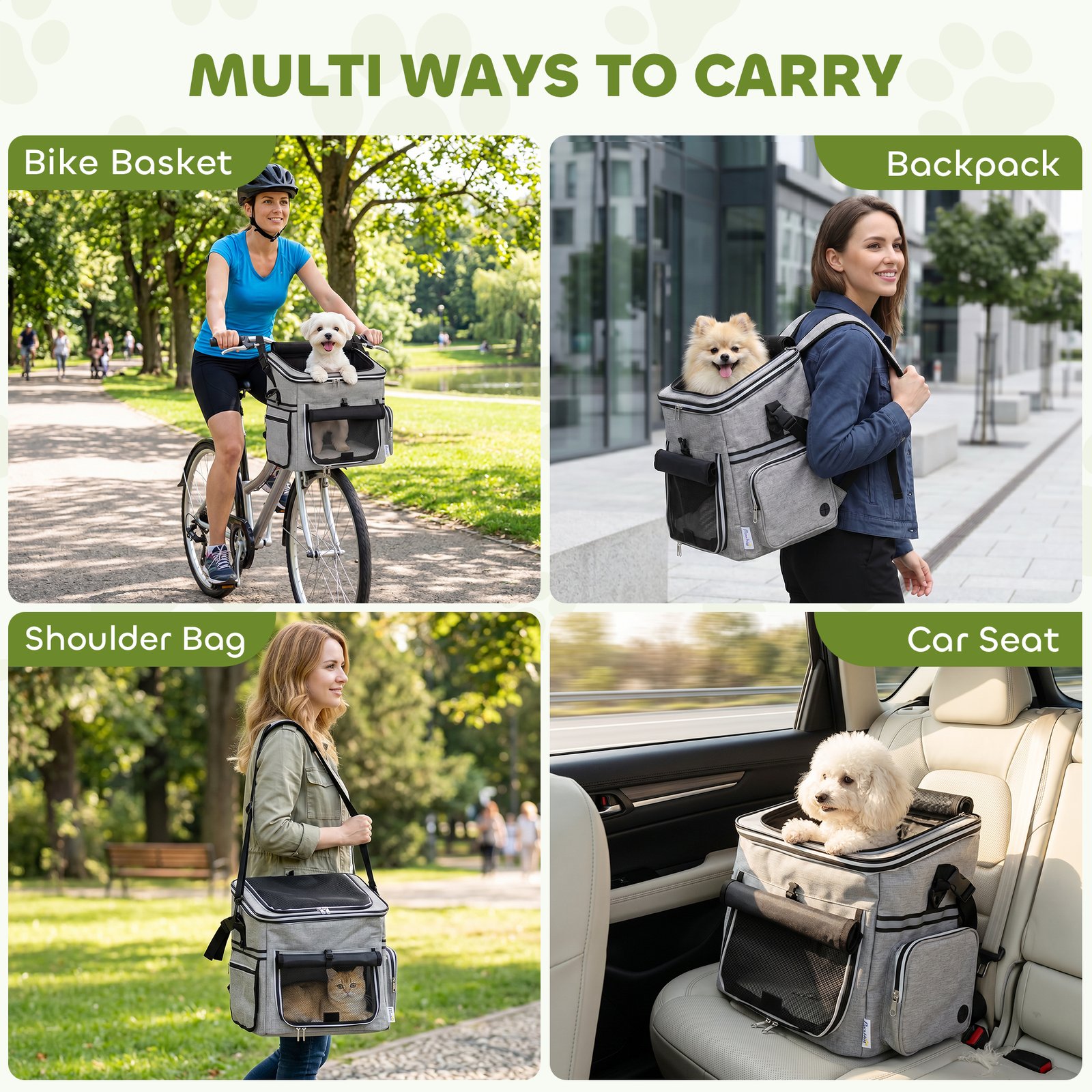Dog Bike Basket, Soft-Sided Pet Carrier with Security Leash, Mesh Door & Window, Plush Cushion, Bowl, Light Grey