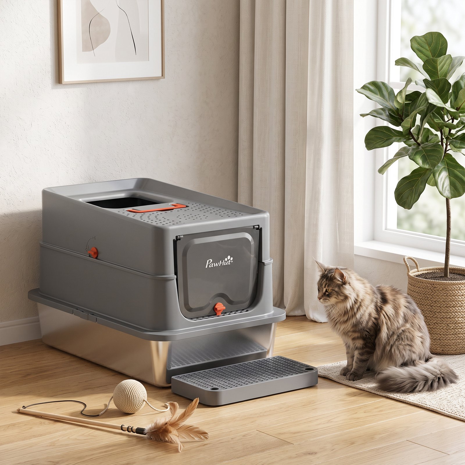 Stainless Steel Cat Litter Tray with Lid, XL 90L Enclosed Cat Litter Box with Step, Scoop, High Side, Dark Grey