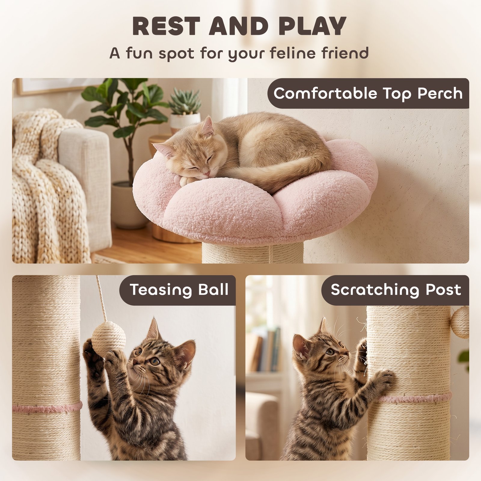Cat Tree, Flower Cat Scratching Post with Thick Sisal Post, Dangling & Spring Balls, Bed, Kitty Activity Centre