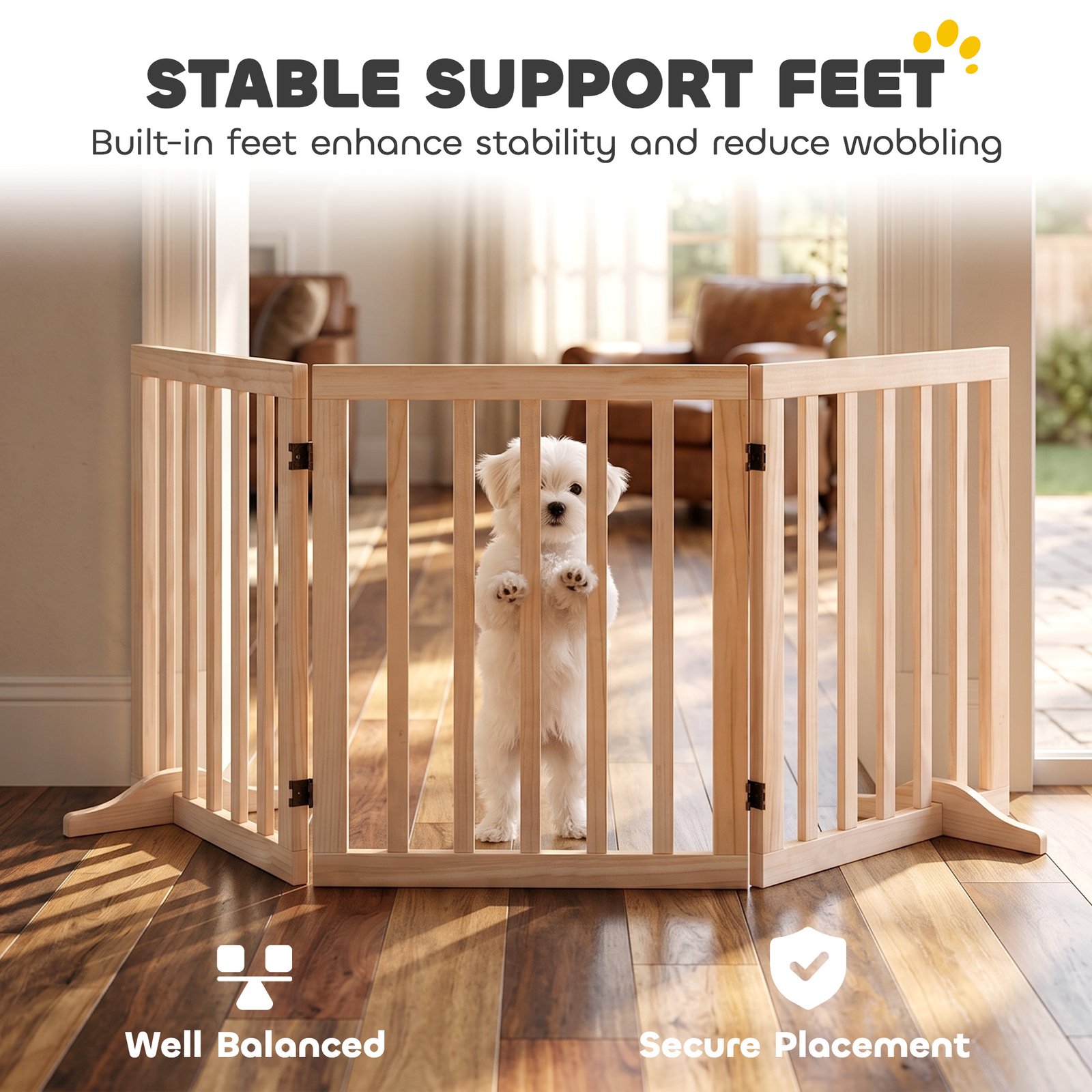 Wooden Dog Gate, 3-Panel Freestanding Pet Gates Indoor with 2 Support Feet and 360° Flexible Hinges, Natural