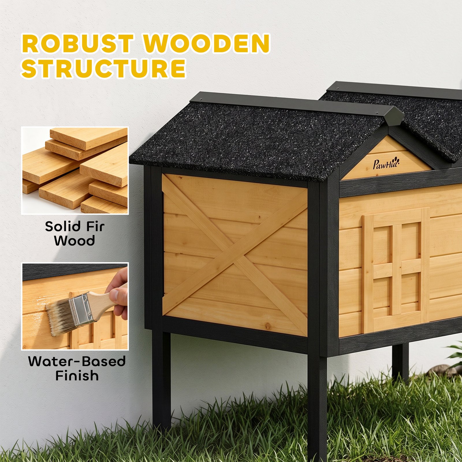 Wooden Cat House Outdoor Indoor with Weatherproof Asphalt Roof, Side Cleaning Door, PVC Curtain