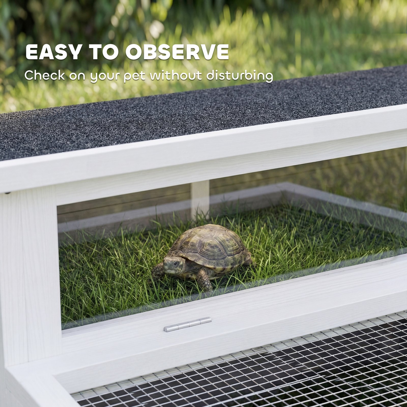 Wooden Tortoise House, Tortoise Enclosure with Clear Observation Window, Top Opening, Multiple Doors, Galvanised Mesh