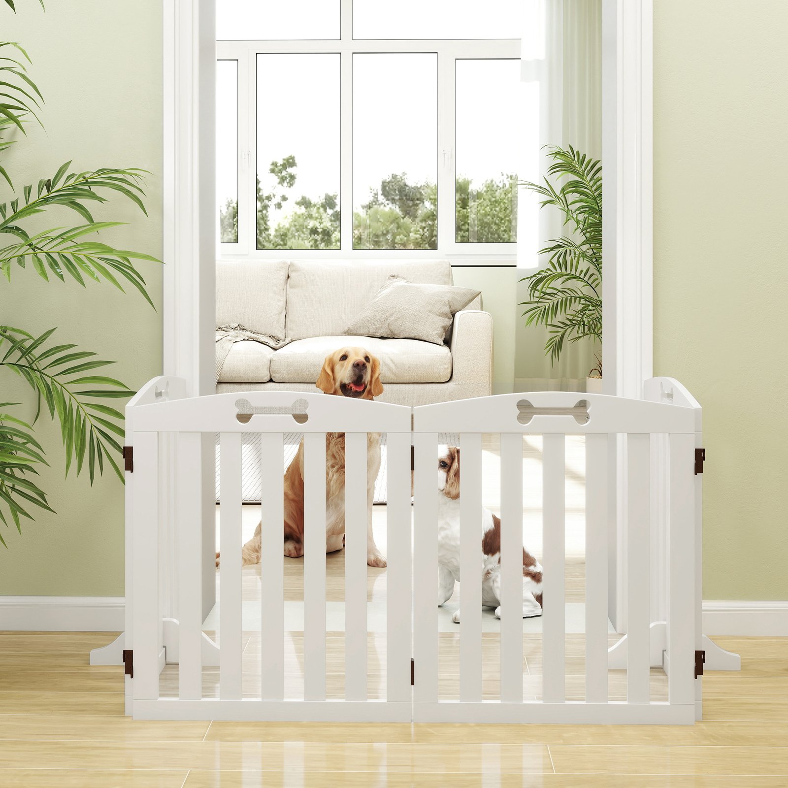 Wooden Dog Gate, Freestanding Pet Gate with Support Feet for Doorways, Hallways, Stairs, 207.5L x 61H cm, White