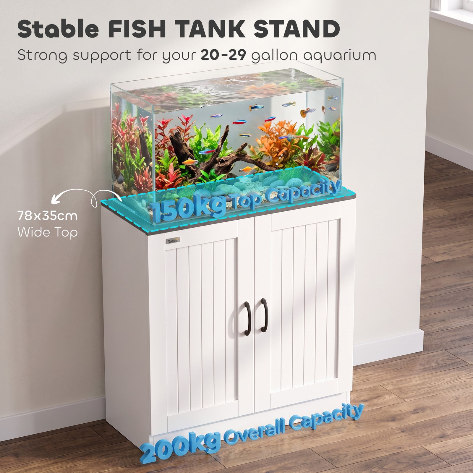 Fish Tank Stand, 20-29 Gallon Aquarium Stand with Cabinet Storage, Power Outlets and Anti-Tip Kit, White