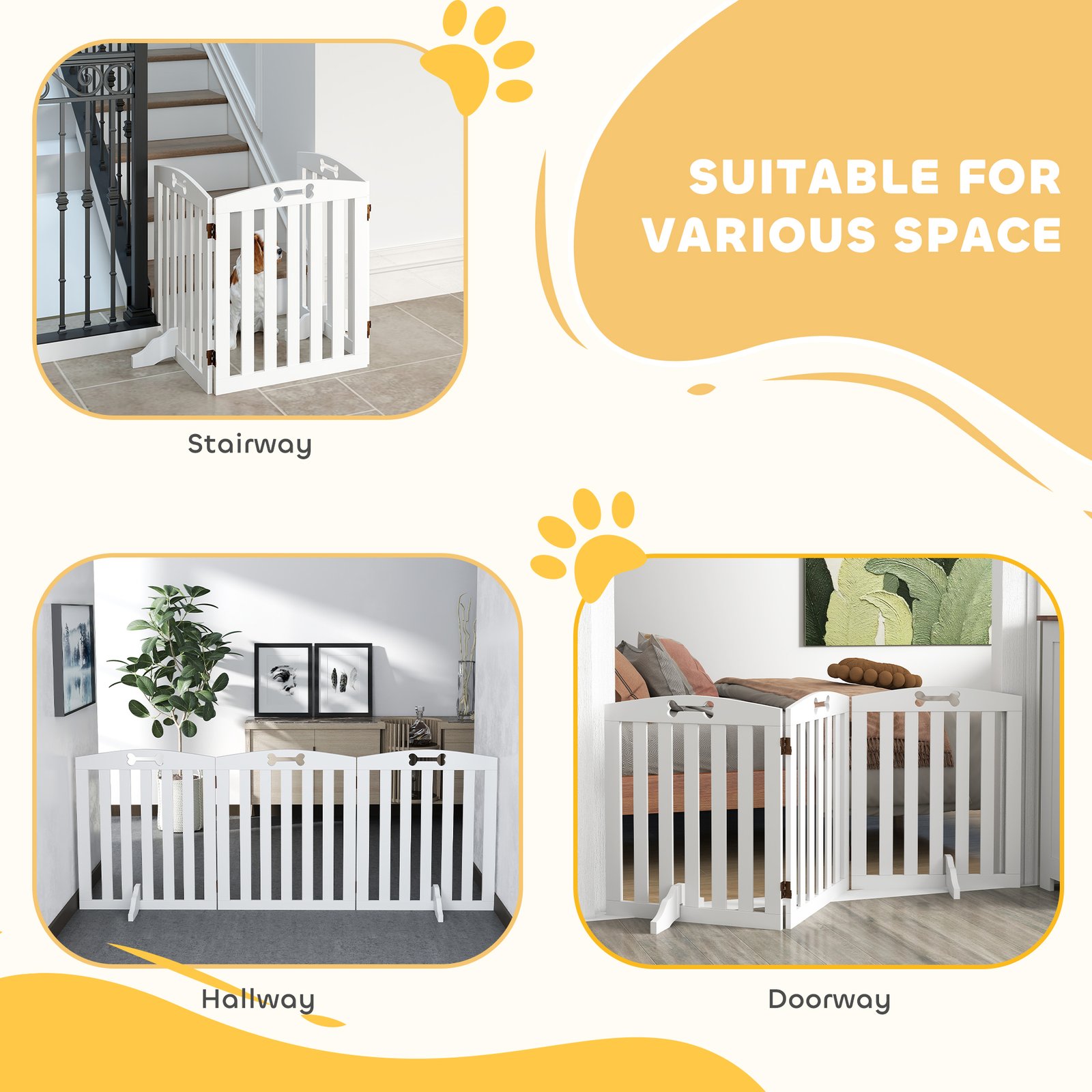 Wooden Dog Gate, Freestanding Pet Gate with Support Feet for Doorways, Hallways, Stairs, 155L x 61H cm, White