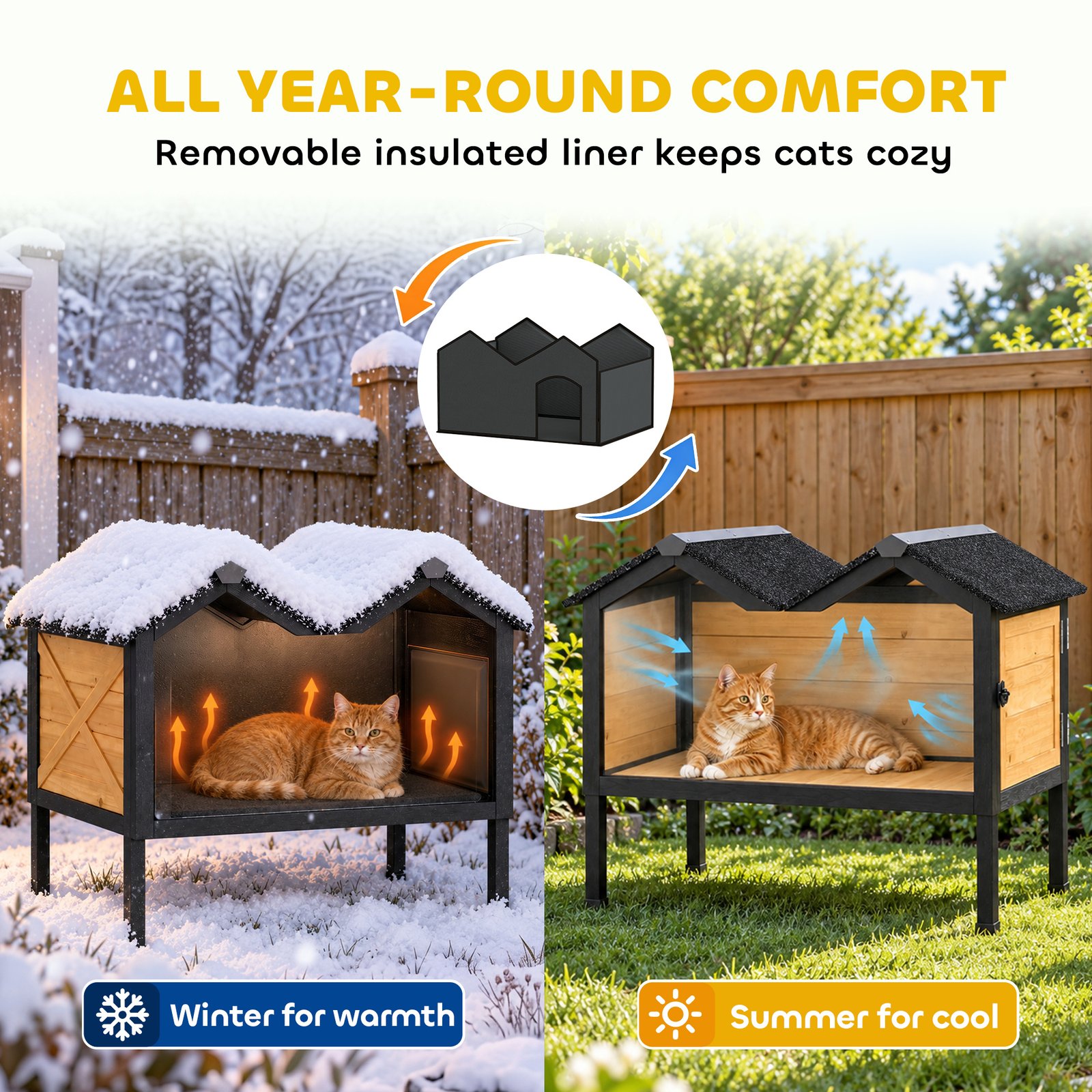 Wooden Cat House Outdoor Indoor with Weatherproof Asphalt Roof, Side Cleaning Door, PVC Curtain