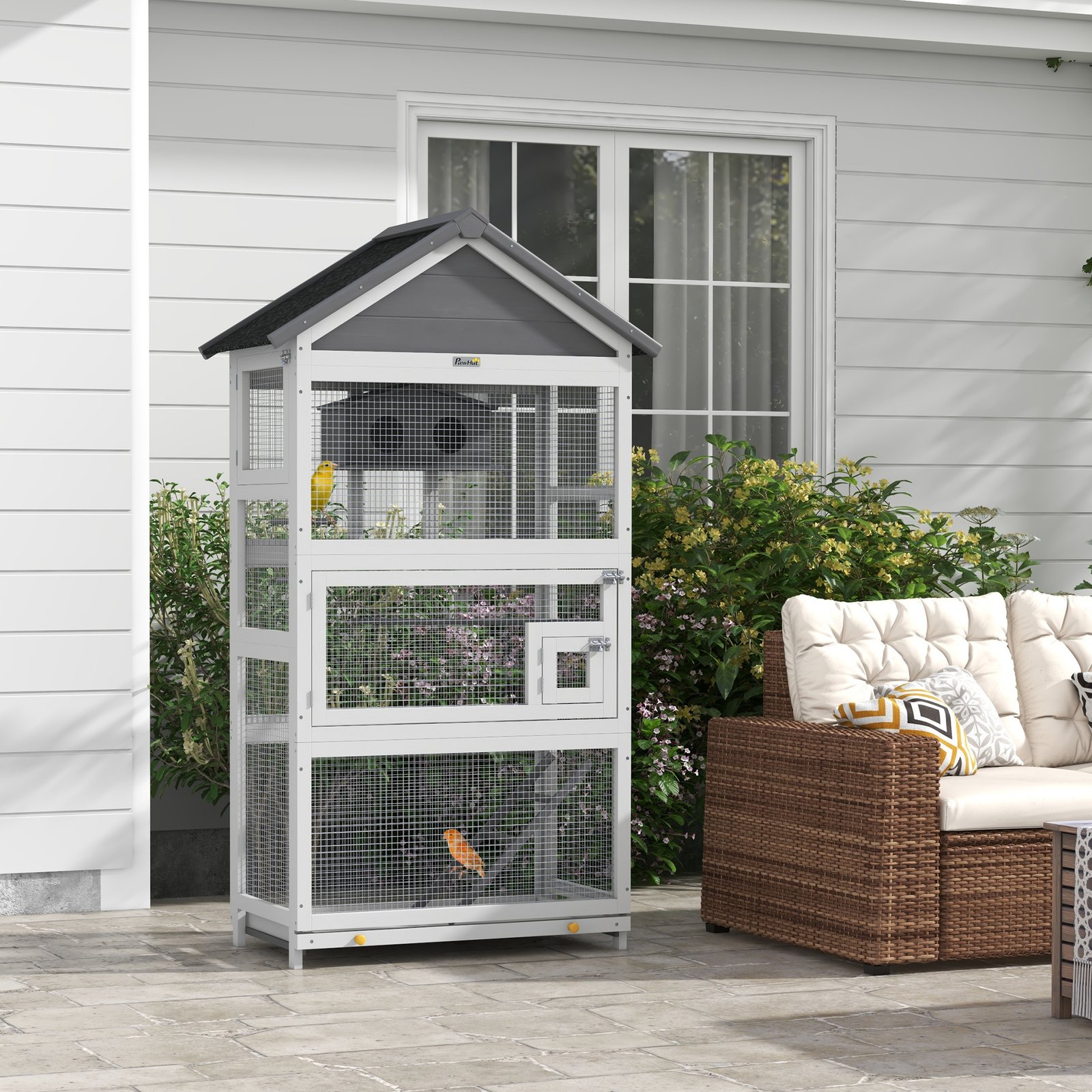 Wooden Bird Cage, with Stand, for Finches, Parakeets, Small birds - Grey