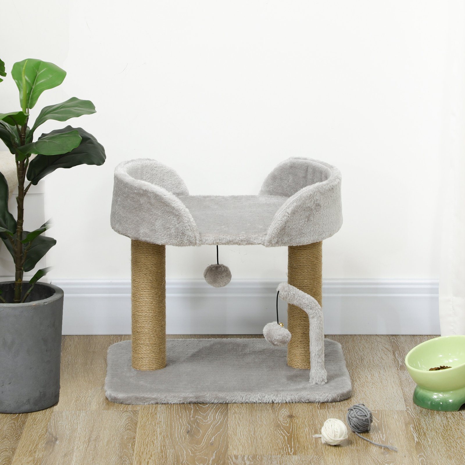 42cm Indoor Cat Tree, with Toy Balls, Jute Scratching Post - Light Grey
