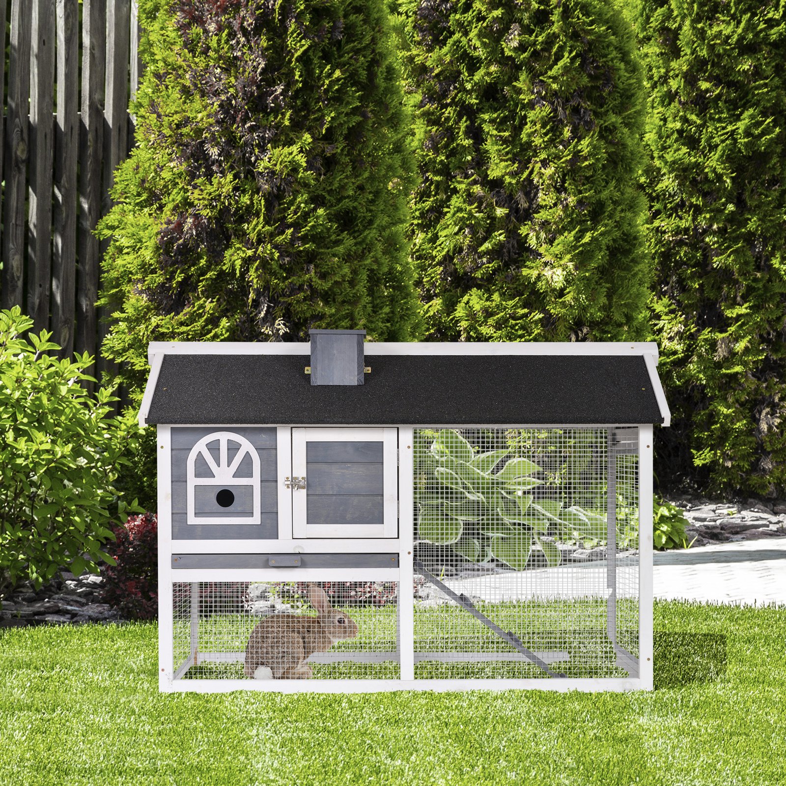 Wooden Rabbit Hutch and Run with Sliding Tray, Ramp, Water-resistant Roof, for 2-4 Rabbits, Grey