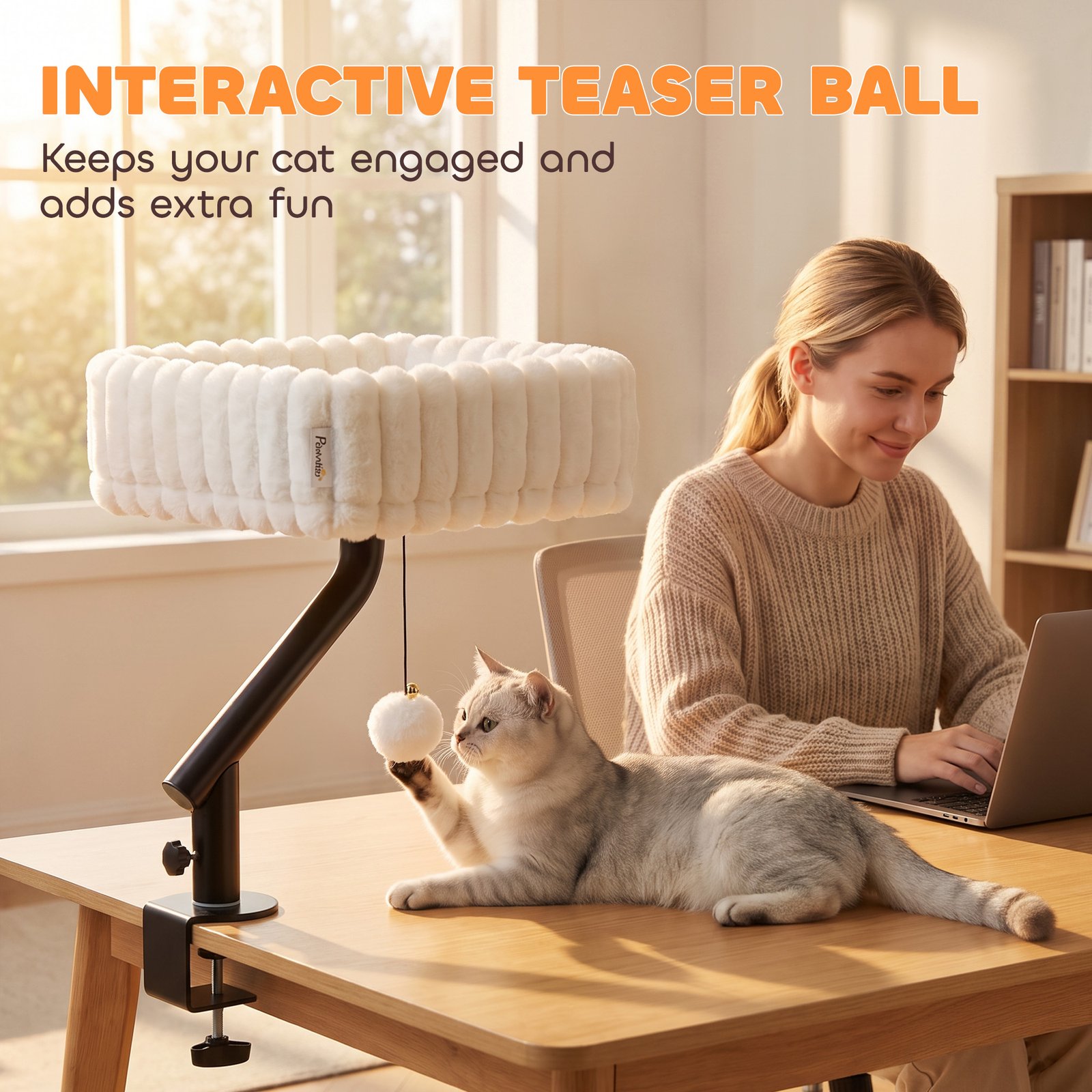 Cat Desk Bed, Rotatable Raised Cat House for Desk, Window, Soft Kitten Hammock with Hanging Ball, White