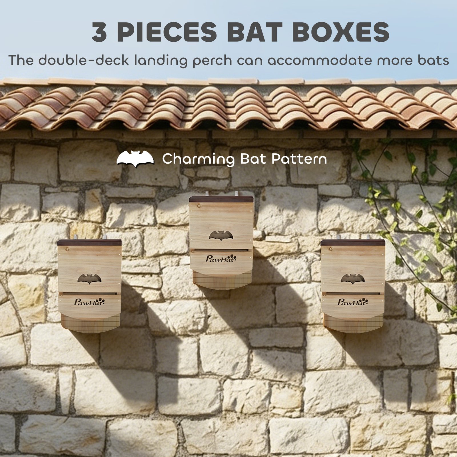 Bat Boxes, Pack of 3 Wooden Bat Houses for Outdoor, Garden, Farm, Easy to Hang, 23 x 9.5 x 36.5 cm, Natural