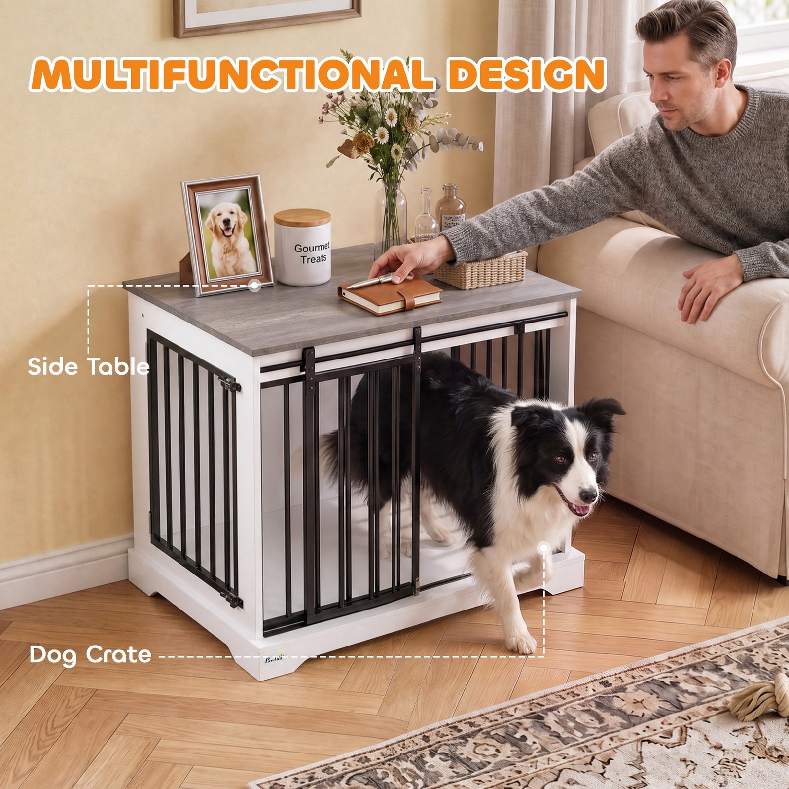 80 cm Dog Crate Furniture with Sliding Barn Door for Medium Dogs, White
