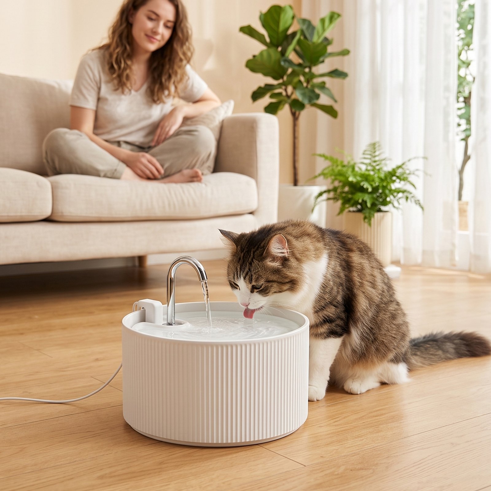 Ceramic Cat Water Fountain for Drinking, 2.2L Pet Water Fountain with Ultra-Quiet Pump, 4-Layer Filtration, Tap