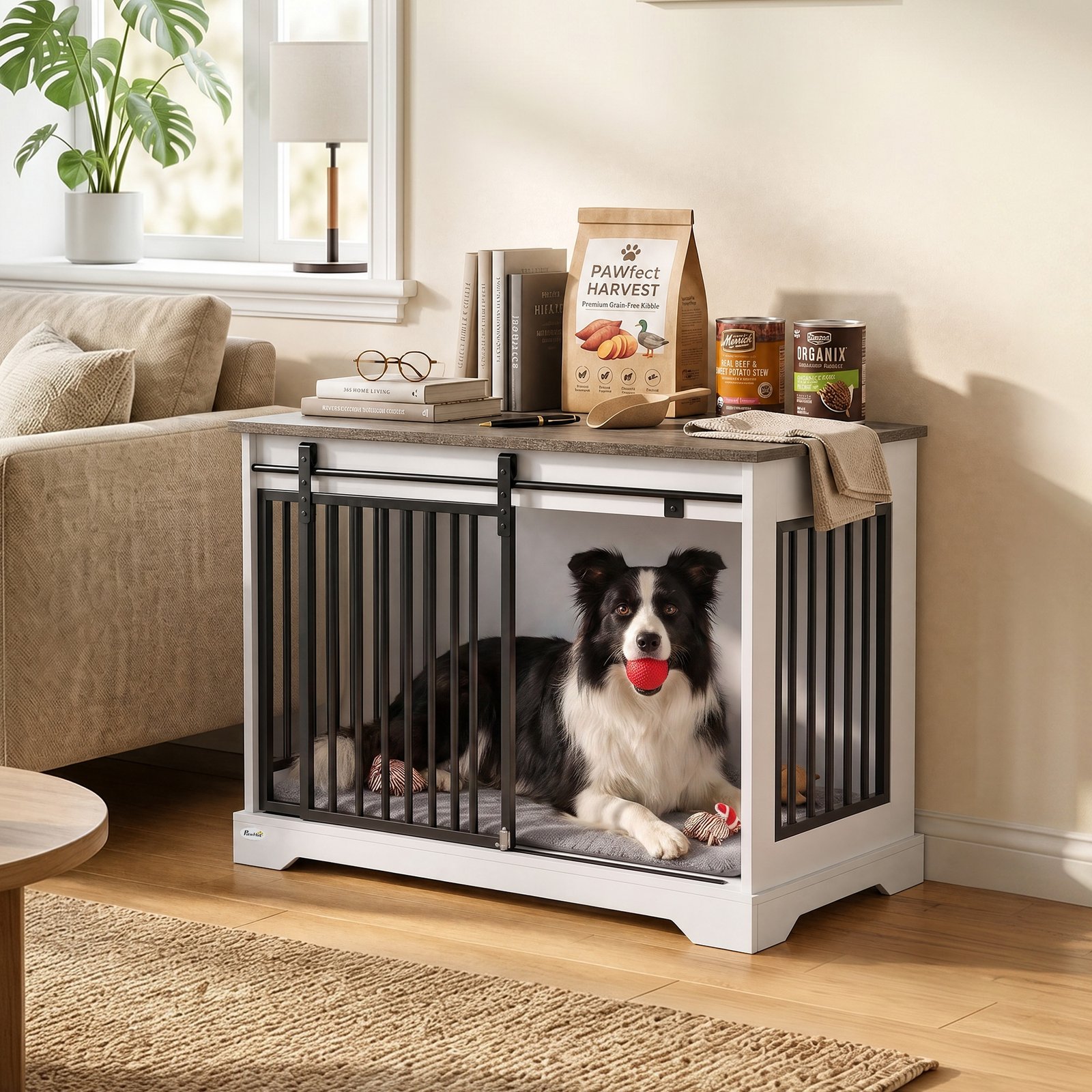 80 cm Dog Crate Furniture with Sliding Barn Door for Medium Dogs, White
