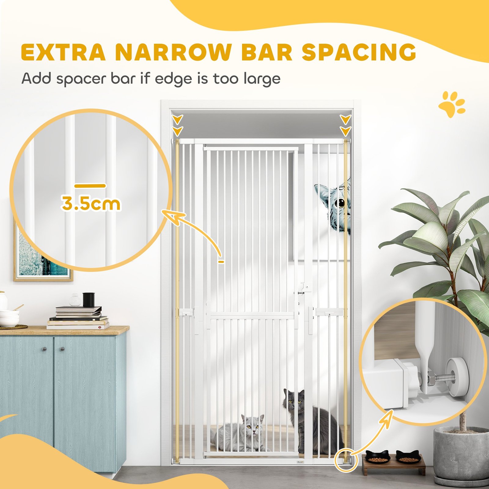 180cm Extra Tall Pet Gate with 3.5 cm Narrow Gap, Pressure Mounted No Drilling Cat Gate for Doorways, 77-104cm Width
