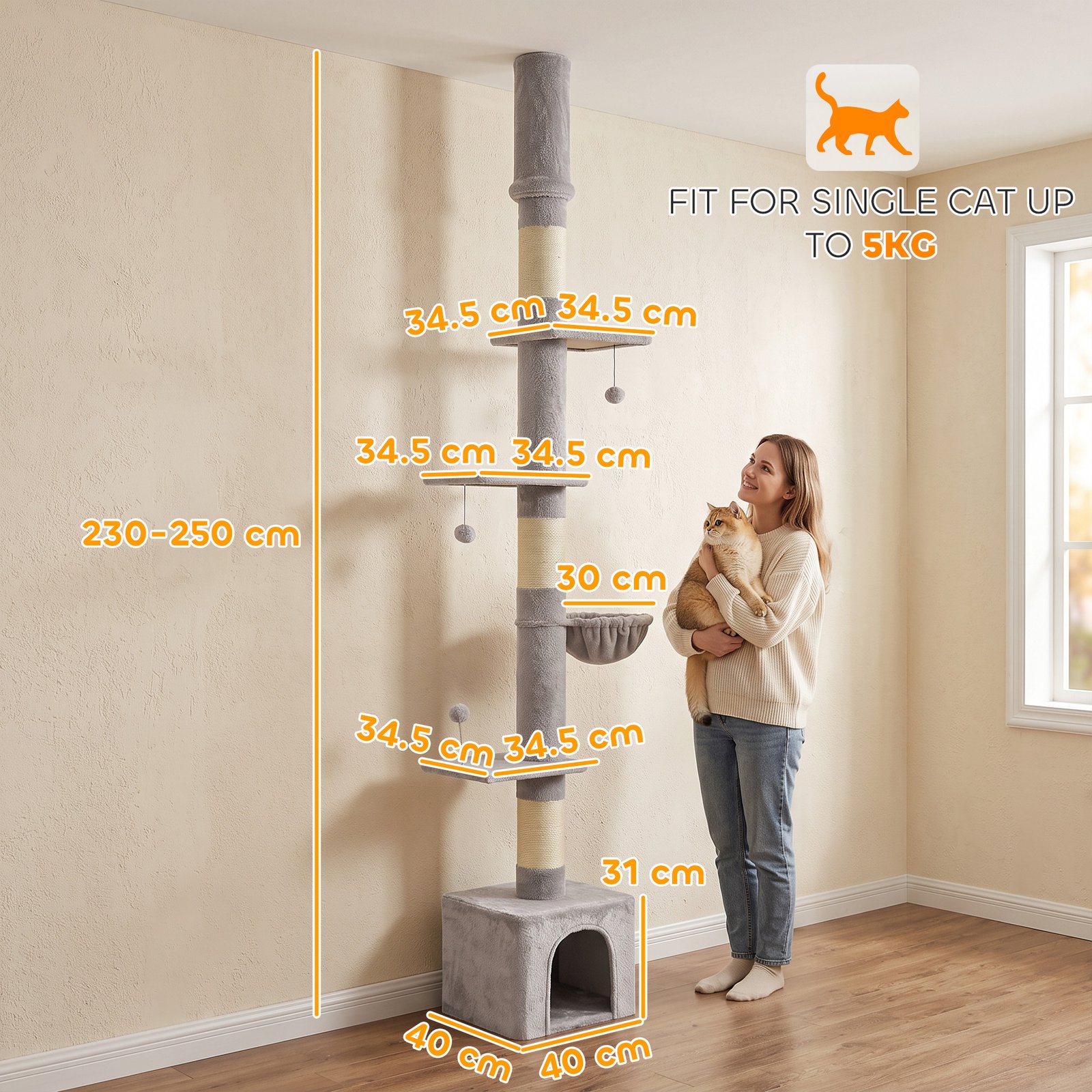 Floor to Ceiling Cat Tree, 230-250cm Multi-Level Cat Tower with Adjustable Height, Scratching Posts, Condo, Platforms