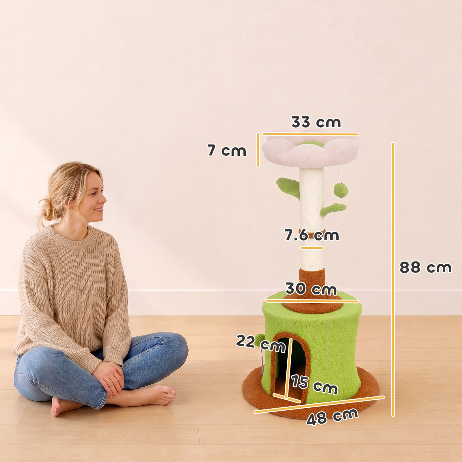 Cat Tree for Indoor Kittens, 88cm Flower Cat Tower with Condo & Bed, Scratching Post, 2 Toy Balls and 2 Crinkle Leaves