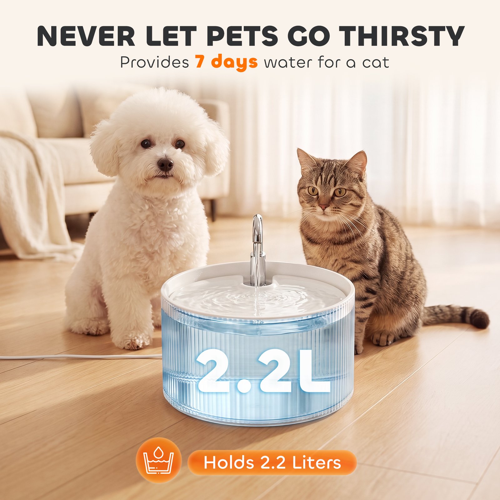 Ceramic Cat Water Fountain for Drinking, 2.2L Pet Water Fountain with Ultra-Quiet Pump, 4-Layer Filtration, Tap