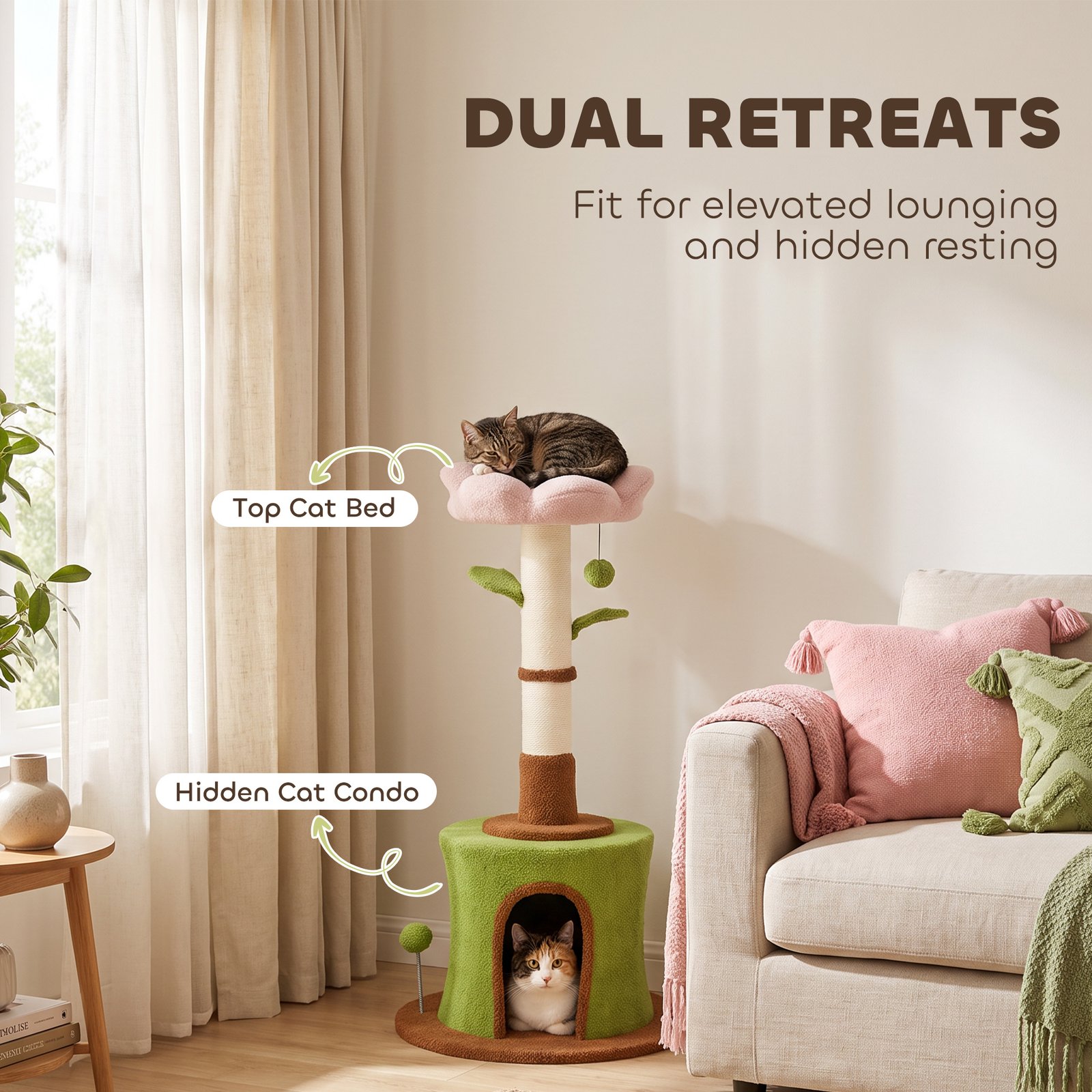Cat Tree for Indoor Kittens, 88cm Flower Cat Tower with Condo & Bed, Scratching Post, 2 Toy Balls and 2 Crinkle Leaves