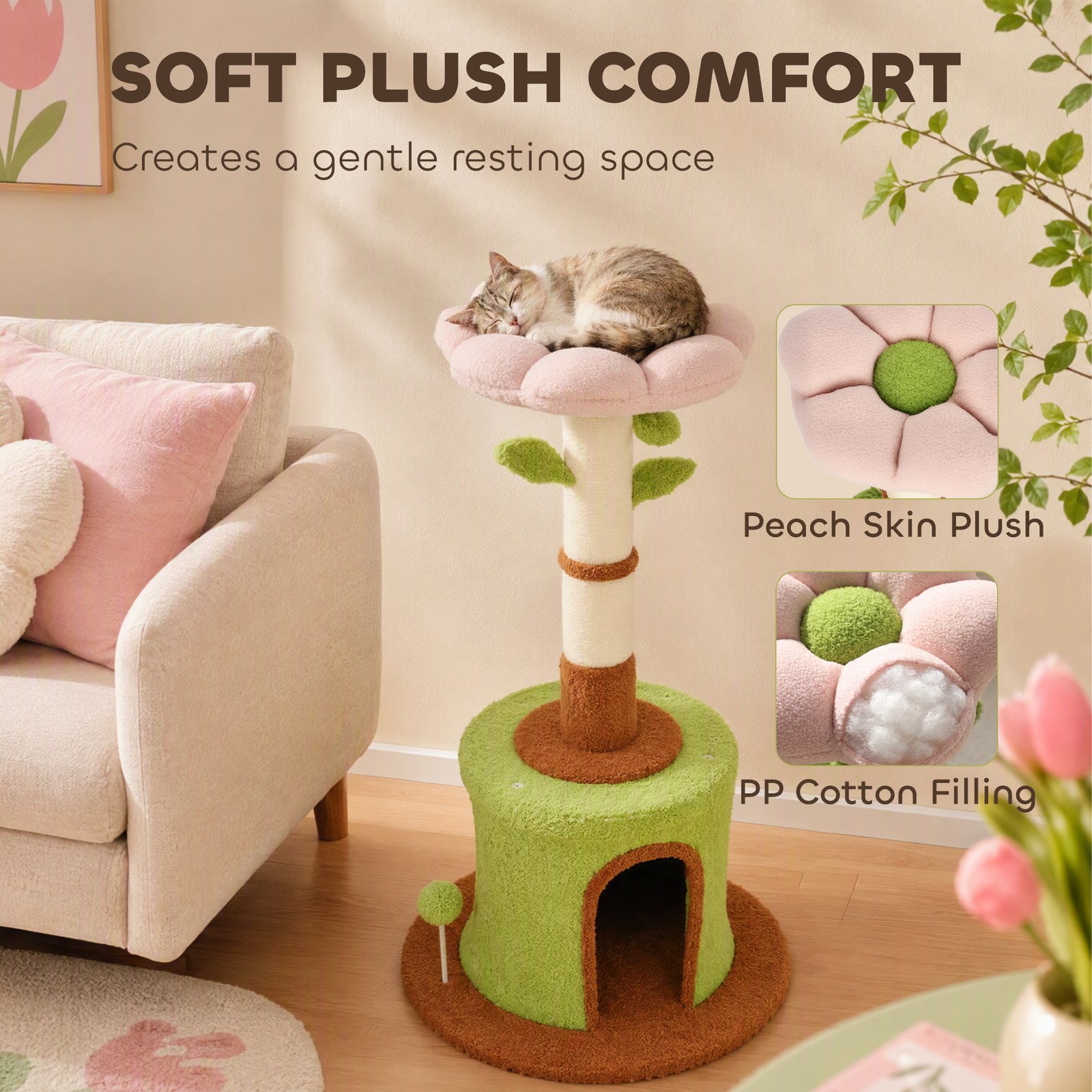 Cat Tree for Indoor Kittens, 88cm Flower Cat Tower with Condo & Bed, Scratching Post, 2 Toy Balls and 2 Crinkle Leaves