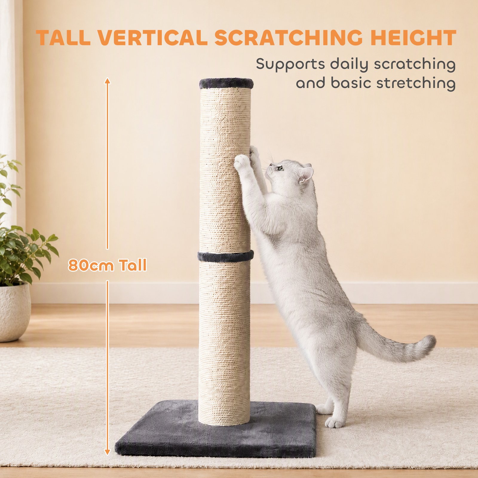 Cat Scratching Post, 80cm Tall Cat Scratch Post with Sisal Rope, Plush Base, Lightweight Claw Scratcher