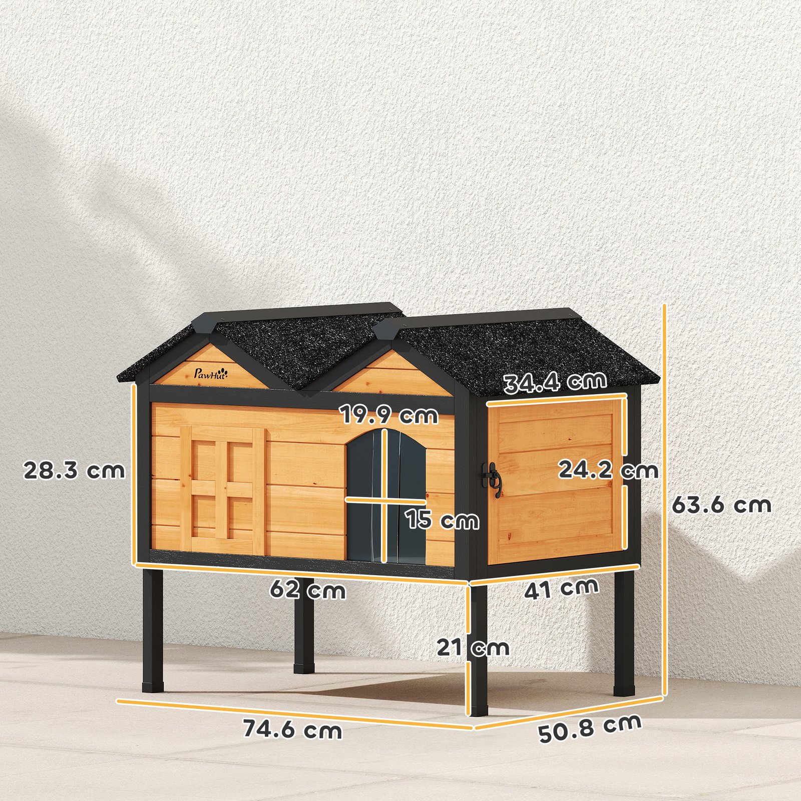 Wooden Cat House Outdoor Indoor with Weatherproof Asphalt Roof, Side Cleaning Door, PVC Curtain