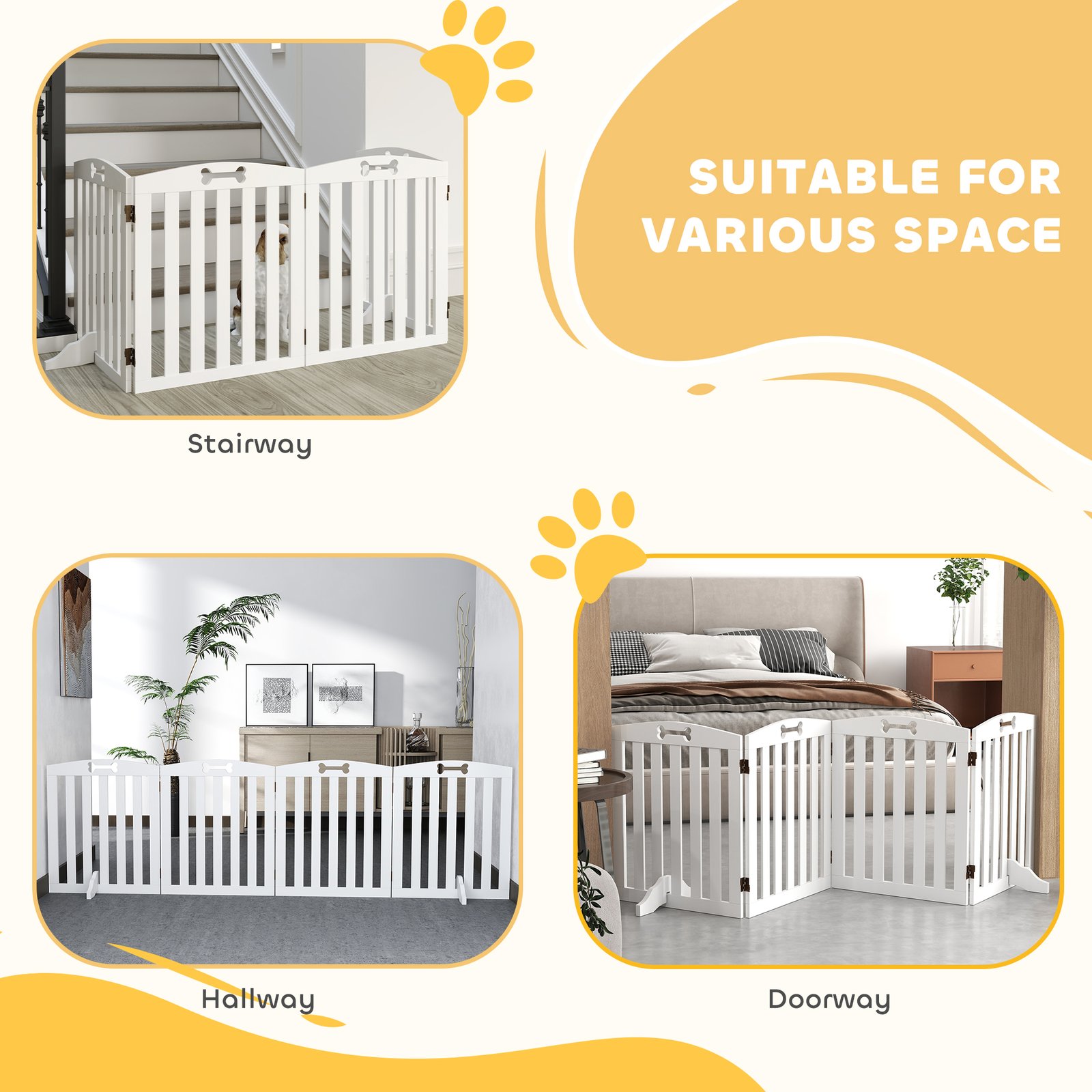 Wooden Dog Gate, Freestanding Pet Gate with Support Feet for Doorways, Hallways, Stairs, 207.5L x 61H cm, White