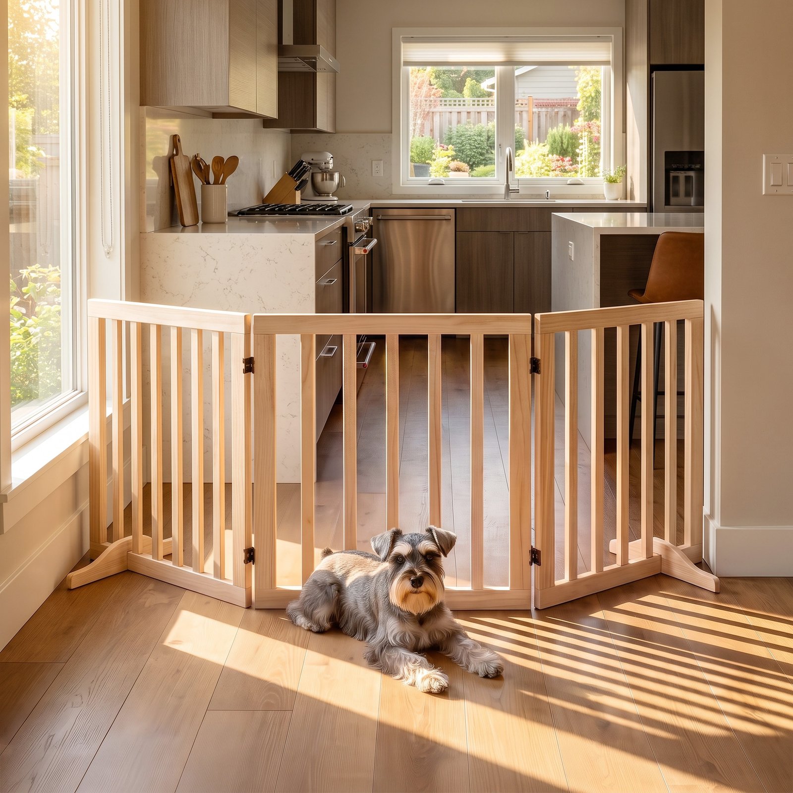 Wooden Dog Gate, 3-Panel Freestanding Pet Gates Indoor with 2 Support Feet and 360° Flexible Hinges, Natural