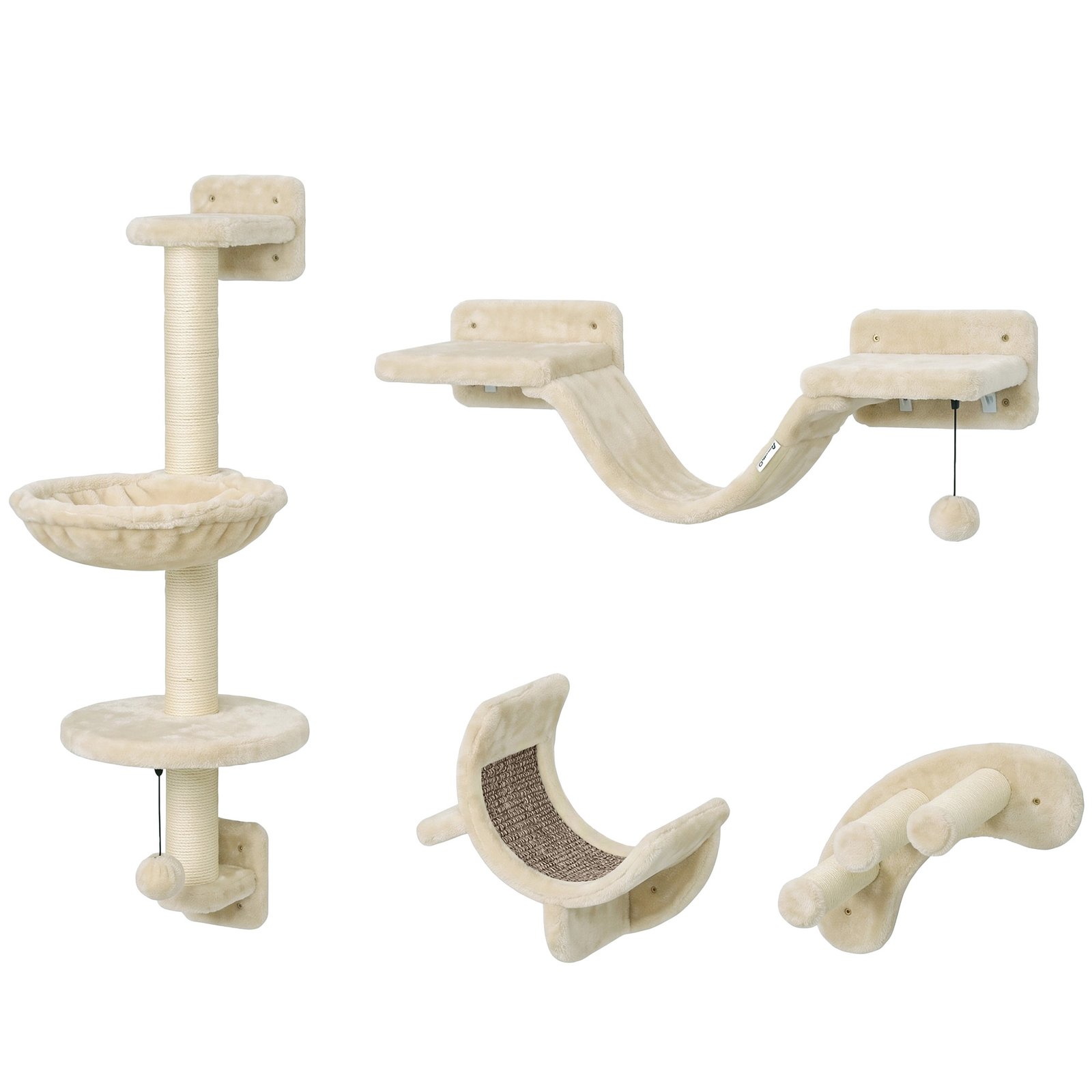 Four-Piece Cat Wall Furniture, with Hammock, Ladder, Platforms, Steps, for Indoor Use - Beige