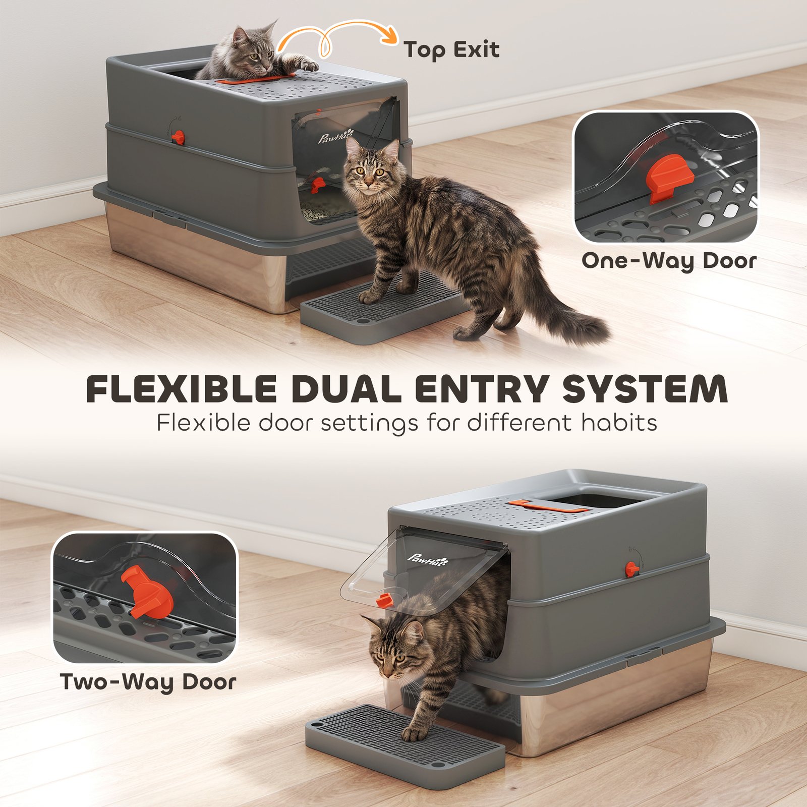 Stainless Steel Cat Litter Tray with Lid, XL 90L Enclosed Cat Litter Box with Step, Scoop, High Side, Dark Grey