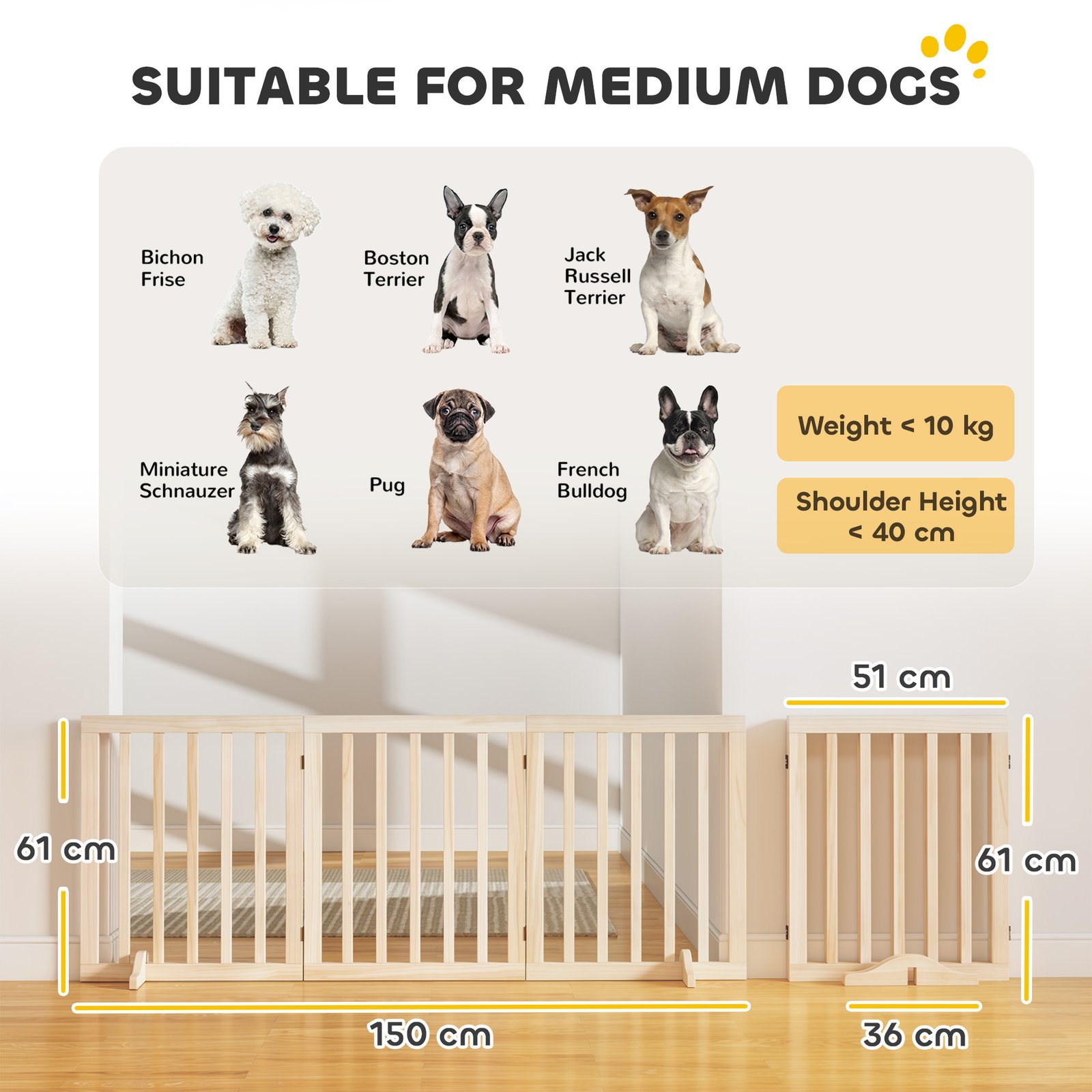 Wooden Dog Gate, 3-Panel Freestanding Pet Gates Indoor with 2 Support Feet and 360° Flexible Hinges, Natural